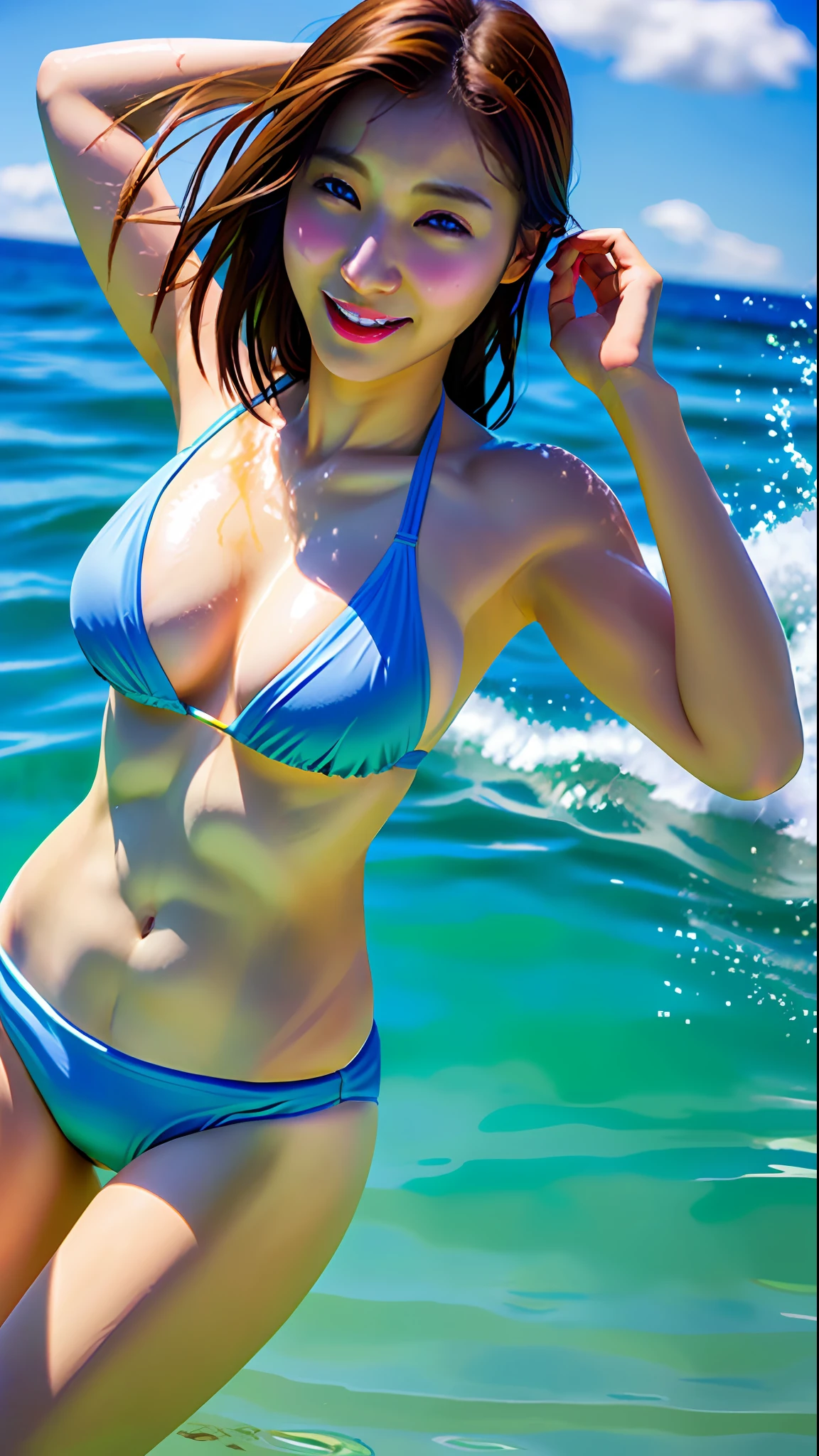(skindentation:1.2), (realistic:1.1), best quality, photorealistic, natural light, 1 girl, Korean, wearing bikini, playing water, sea, large breast
