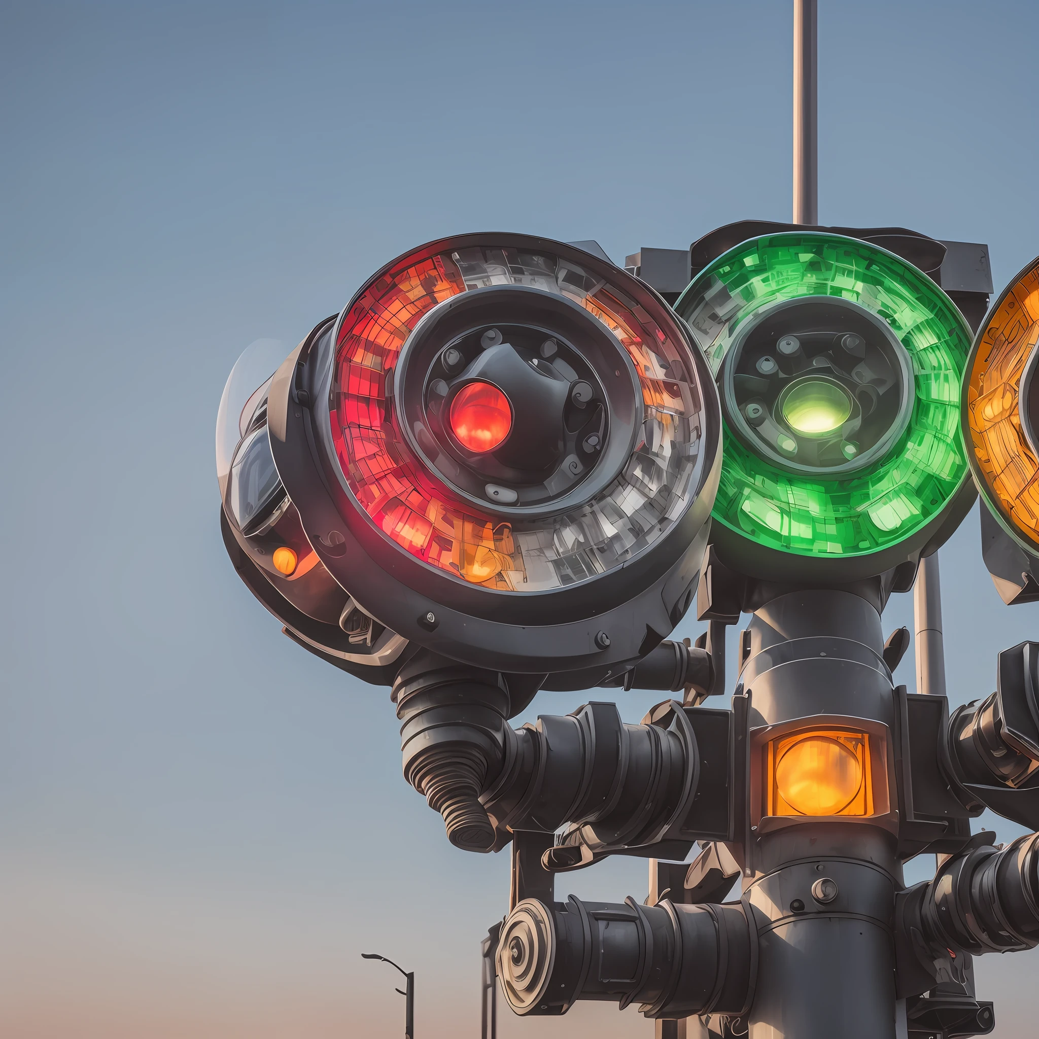 a close up one robotic traffic lights that are on a pole, (masterpiece), (best quality),photorealistic, 8k raw photo, ultra high res, robot, glowing jiqinvhai, huge robot, mechanics, mechanical parts, robot joint --auto --s2