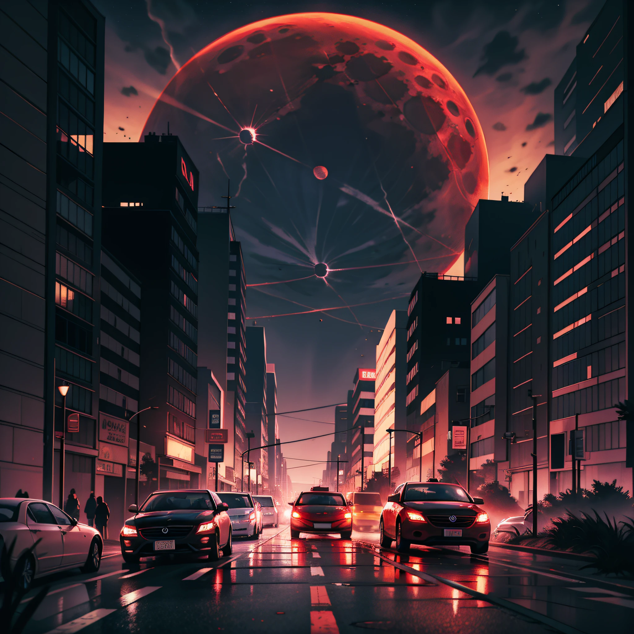 City streets, cars colliding, passers-by looking at (sky), scene map, night, huge blood moon, dark clouds, red lightning