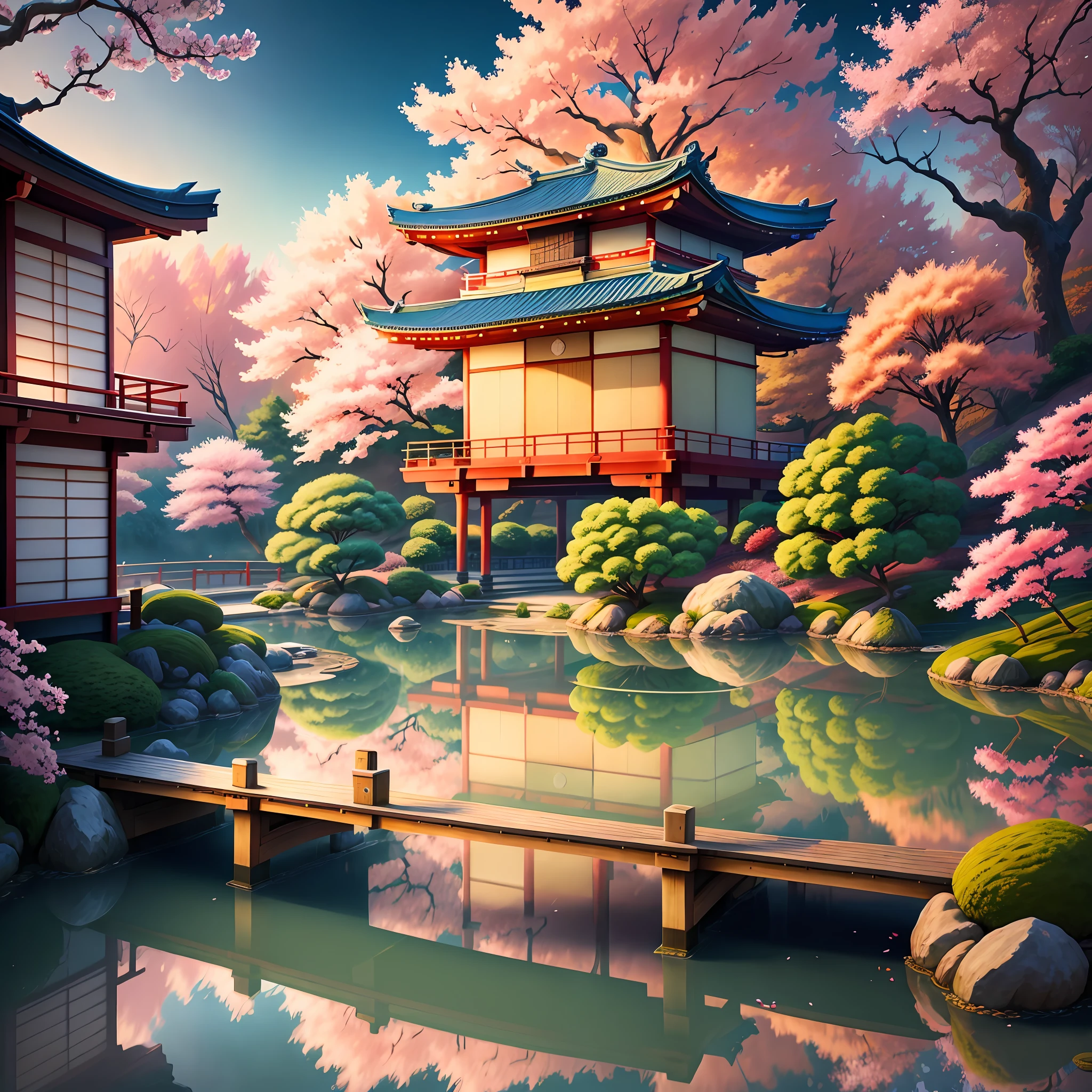 (digital painting),(best quality), serene Japanese garden, cherry blossoms in full bloom, koi pond, footbridge, pagoda, Ukiyo-e art style, Hokusai inspiration, Deviant Art popular, 8k ultra-realistic, pastel color scheme, soft lighting, golden hour, tranquil atmosphere, landscape orientation