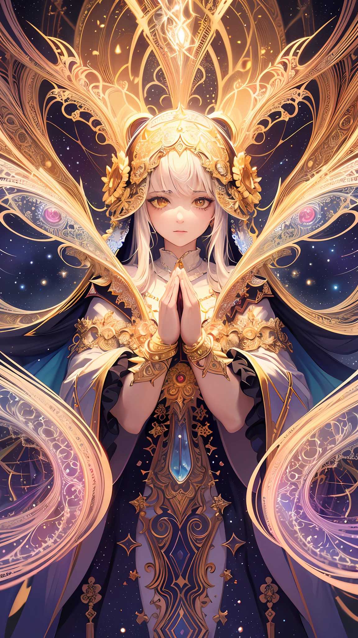 (masterpiece, top quality, best quality, official art, beautiful and aesthetic:1.2), (1girl), extreme detailed, (fractal art:1.3), colorful, highest detailed, perfect face, upper body, HDR, (praying:1.3), (white cloak golden lines:1.2), galaxy, (light streaks), striking visuals, (dynamic streaks, luminous trails:1.2), vibrant colors,