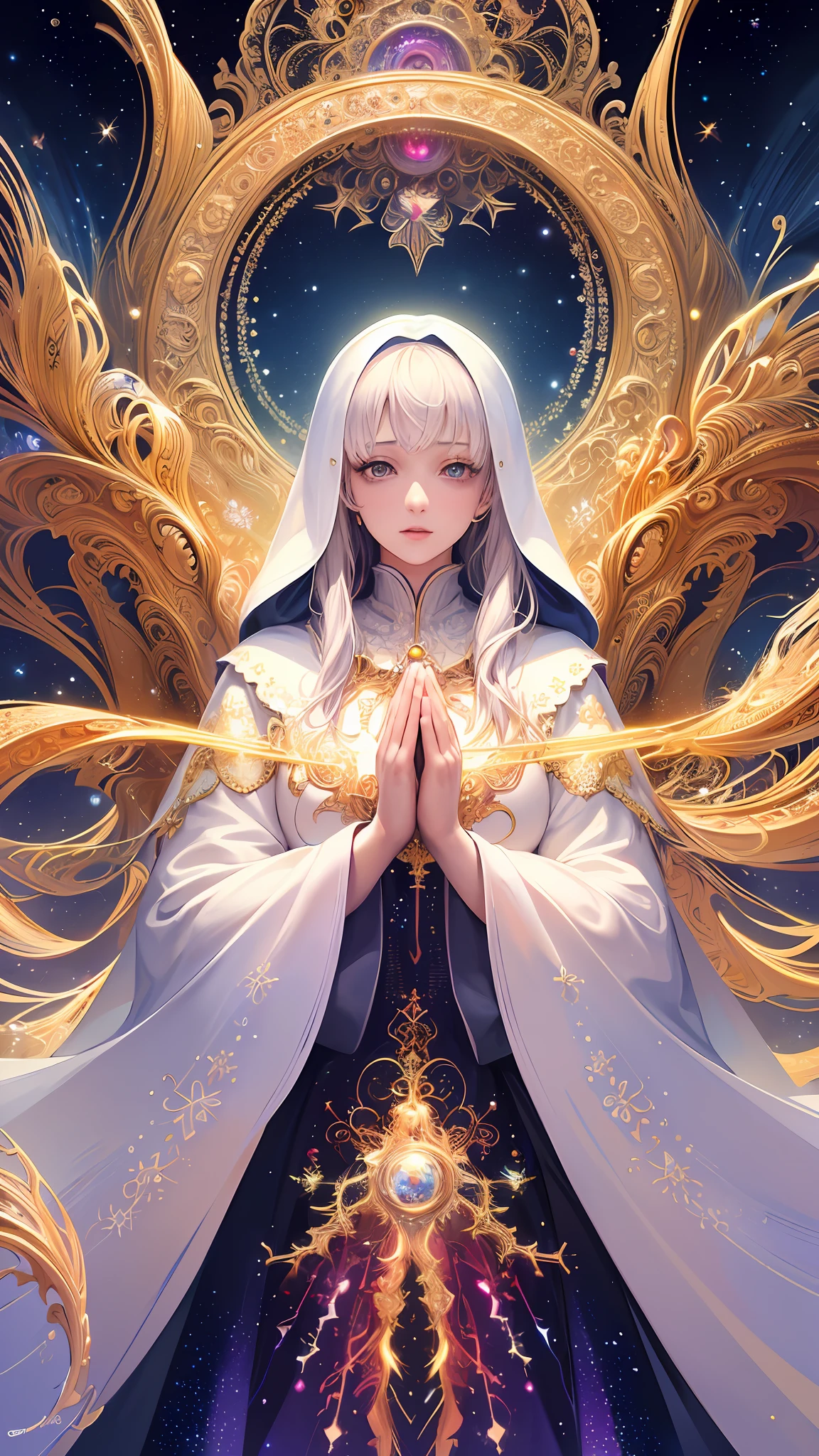 (masterpiece, top quality, best quality, official art, beautiful and aesthetic:1.2), (1girl), extreme detailed, (fractal art:1.3), colorful, highest detailed, perfect face, upper body, HDR, (praying:1.3), (white cloak golden lines:1.2), galaxy, (light streaks), striking visuals, (dynamic streaks, luminous trails:1.2), vibrant colors,