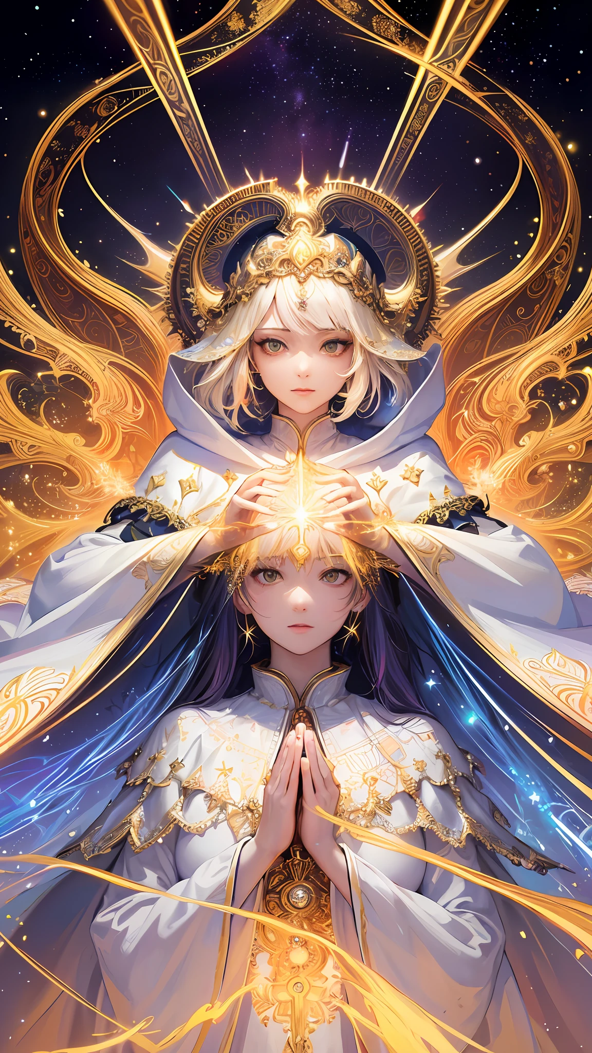 (masterpiece, top quality, best quality, official art, beautiful and aesthetic:1.2), (1girl), extreme detailed, (fractal art:1.3), colorful, highest detailed, perfect face, upper body, HDR, (praying:1.3), (white cloak golden lines:1.2), galaxy, (light streaks), striking visuals, (dynamic streaks, luminous trails:1.2), vibrant colors,