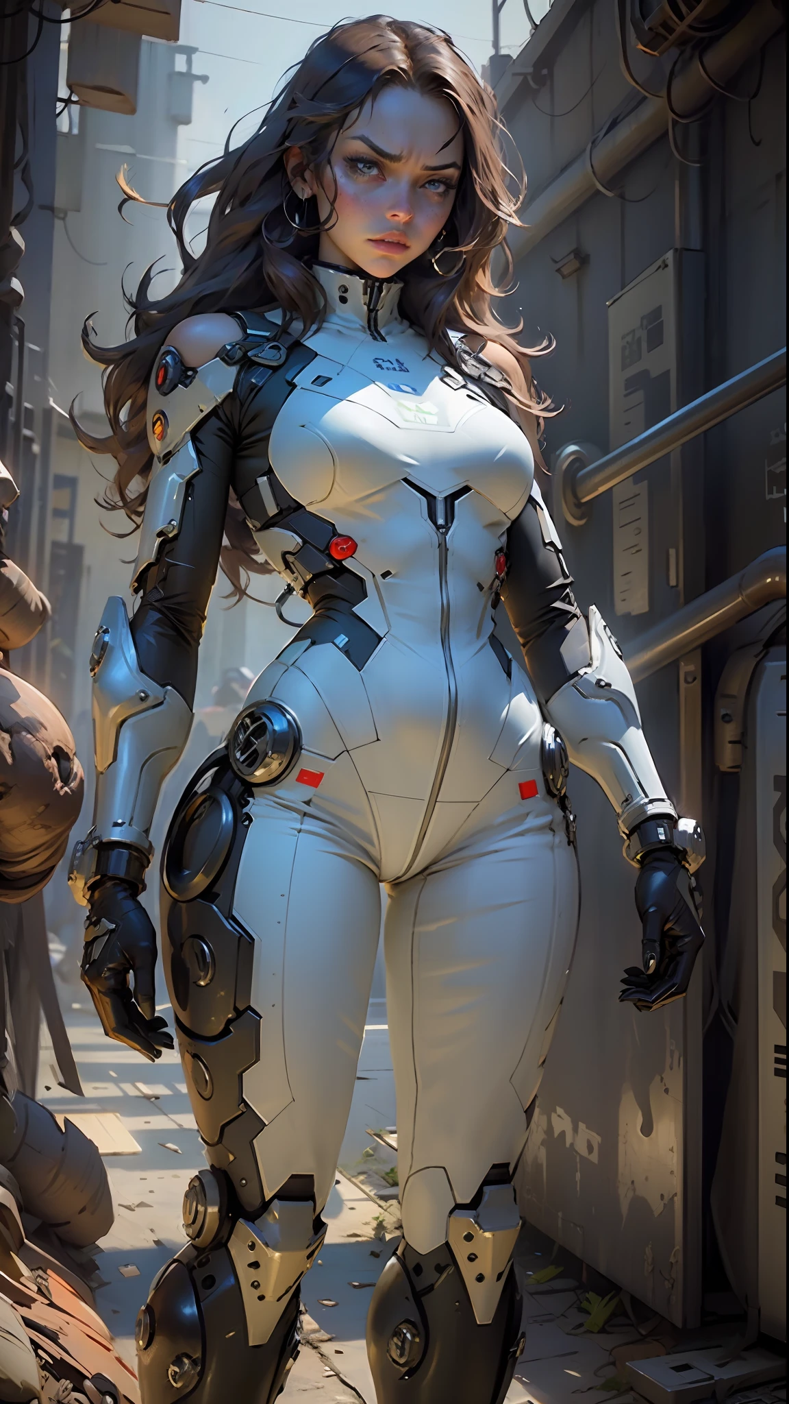Beautiful woman look angry, jumpsuit, thick thighs defined body cybernetic prosthesis