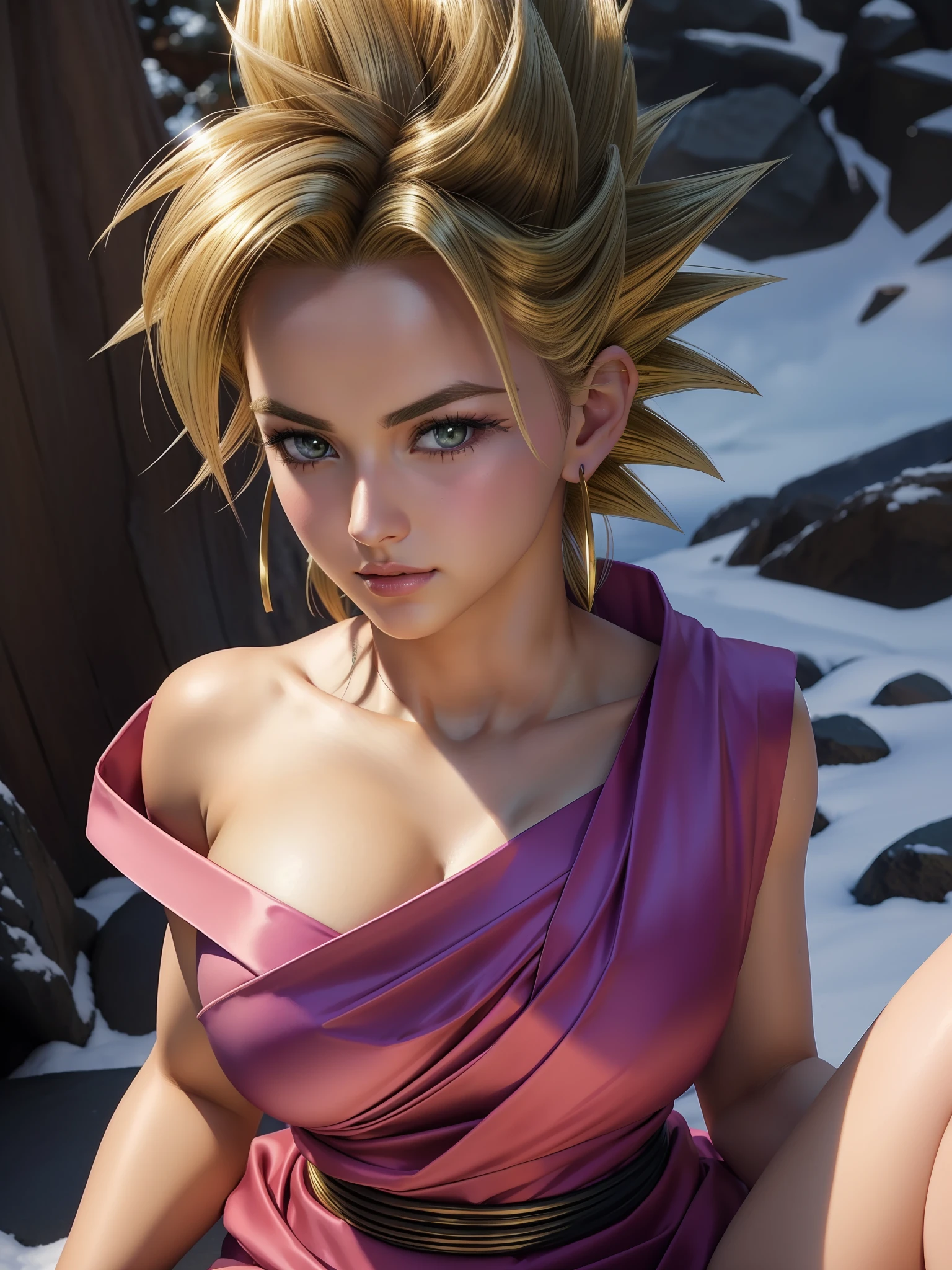 (caulifla from dragon ball movie:1.3), 1girl, closed mouth, female focus, muscular, muscular female, rock, sash, serious, solo, spiked hair, ultra instinct, (masterpiece, best quality, extremely detailed 8k, ultra hd, ultra-detailed, highly detailed, highly realistic, photo realistic), (1girl:1.5), (beautiful realistic face, detailed realistic face), (high detailed realistic natural blonde hair, beautiful realistic hairstyle), (beautiful realistic eyes, high detailed realistic tosca green eyes, proportional eyes, realistic pupils, high detailed pupils), (high detailed realistic natural eyebrows), (high detailed realistic lips, beautiful realistic lips, pink lipsticks), (upper body from head to thighs, slender body:1.5), highly detailed realistic skin, sharp focus, outdoor, mountain, snow,