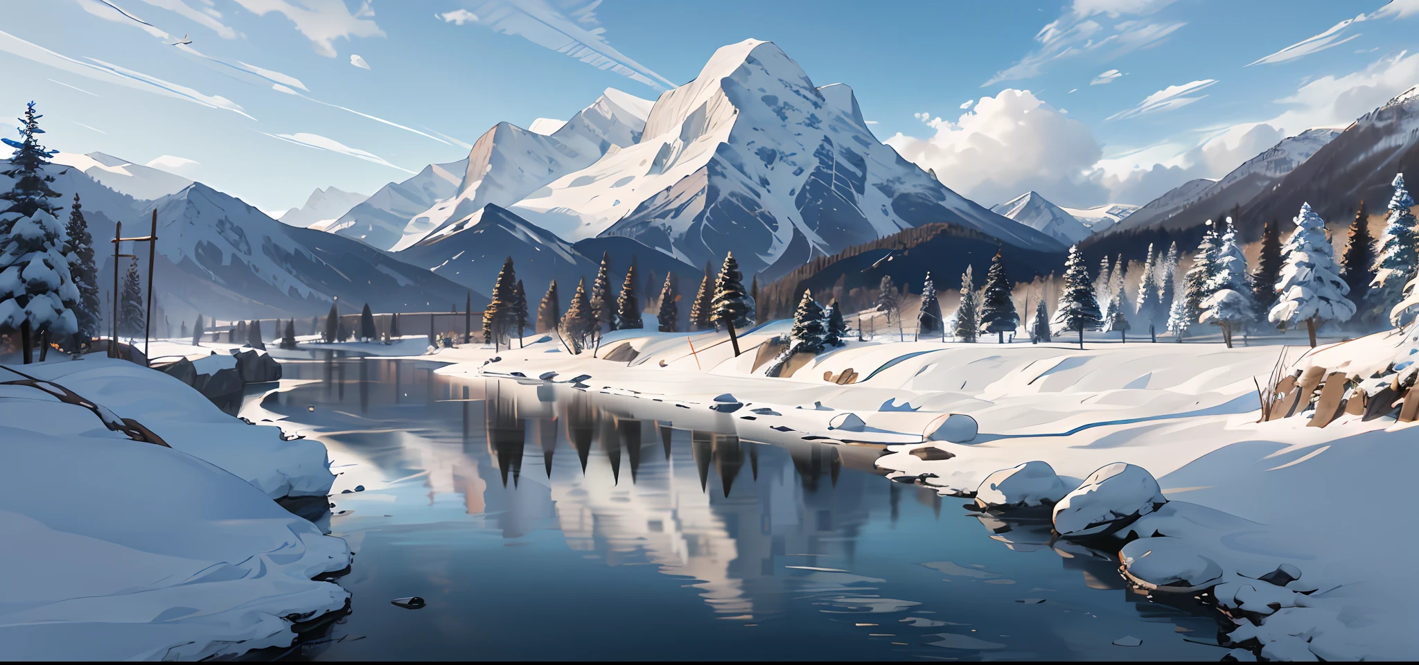 highres, absurdres, masterpiece, high quality, highly detailed, scenery of a mountain range, forest, nature, river