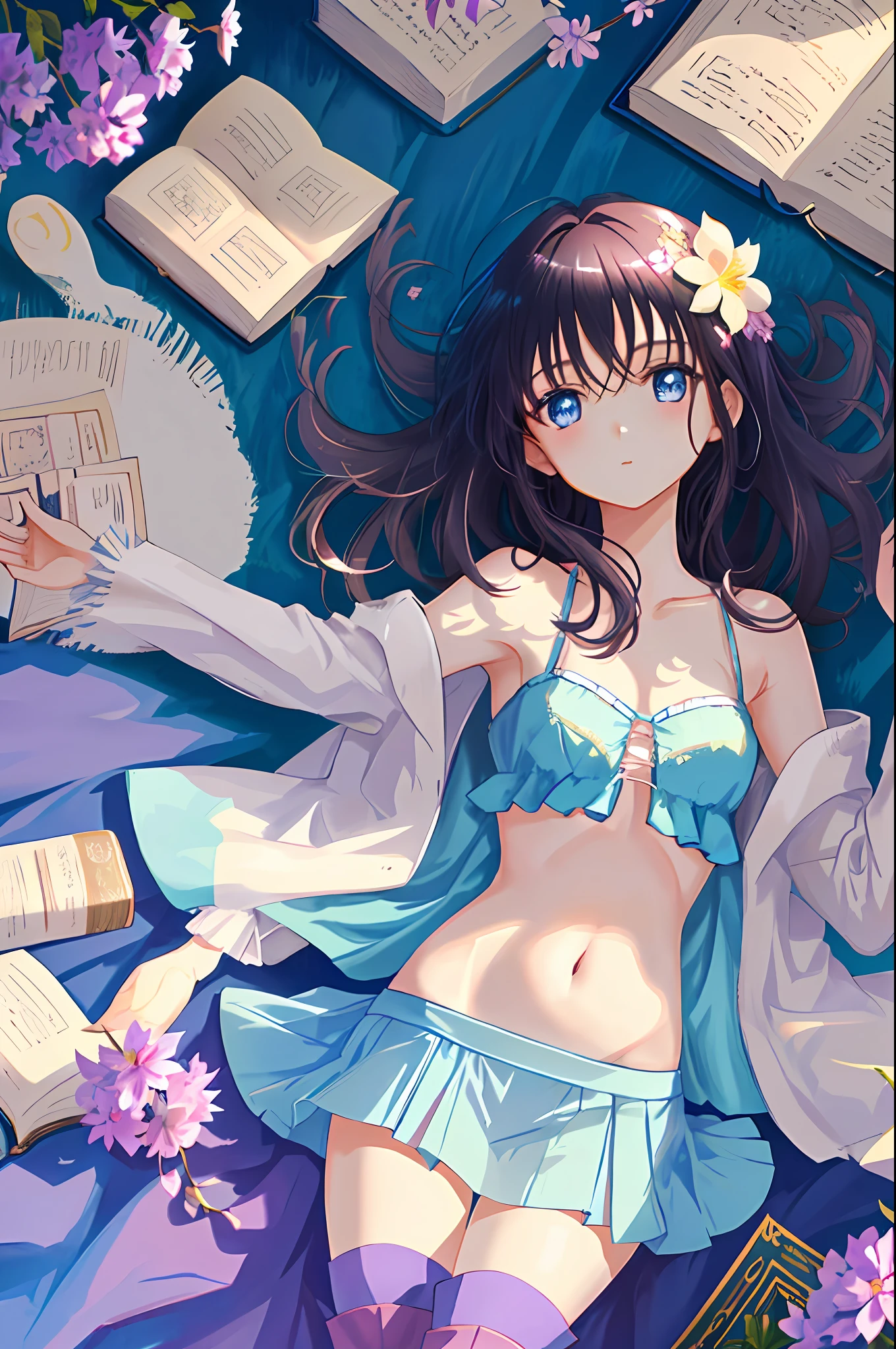 Anime, UHD, Anatomically Correct, Textured Skin, Best Quality, An Extremely Delicate Beautiful Girl, Age 22 Age, Charming and Delicate Face, Lively Beautiful Eyes, Slim Figure, Lying on a Flower Field, Dusk Backlight, Blue Eyes, Lilac Transparent Short Skirt, Messy Hair, Art Book, City View, Fantasy, Bare Belly Navel, Bare Shoulders, Glow Background, White Panties