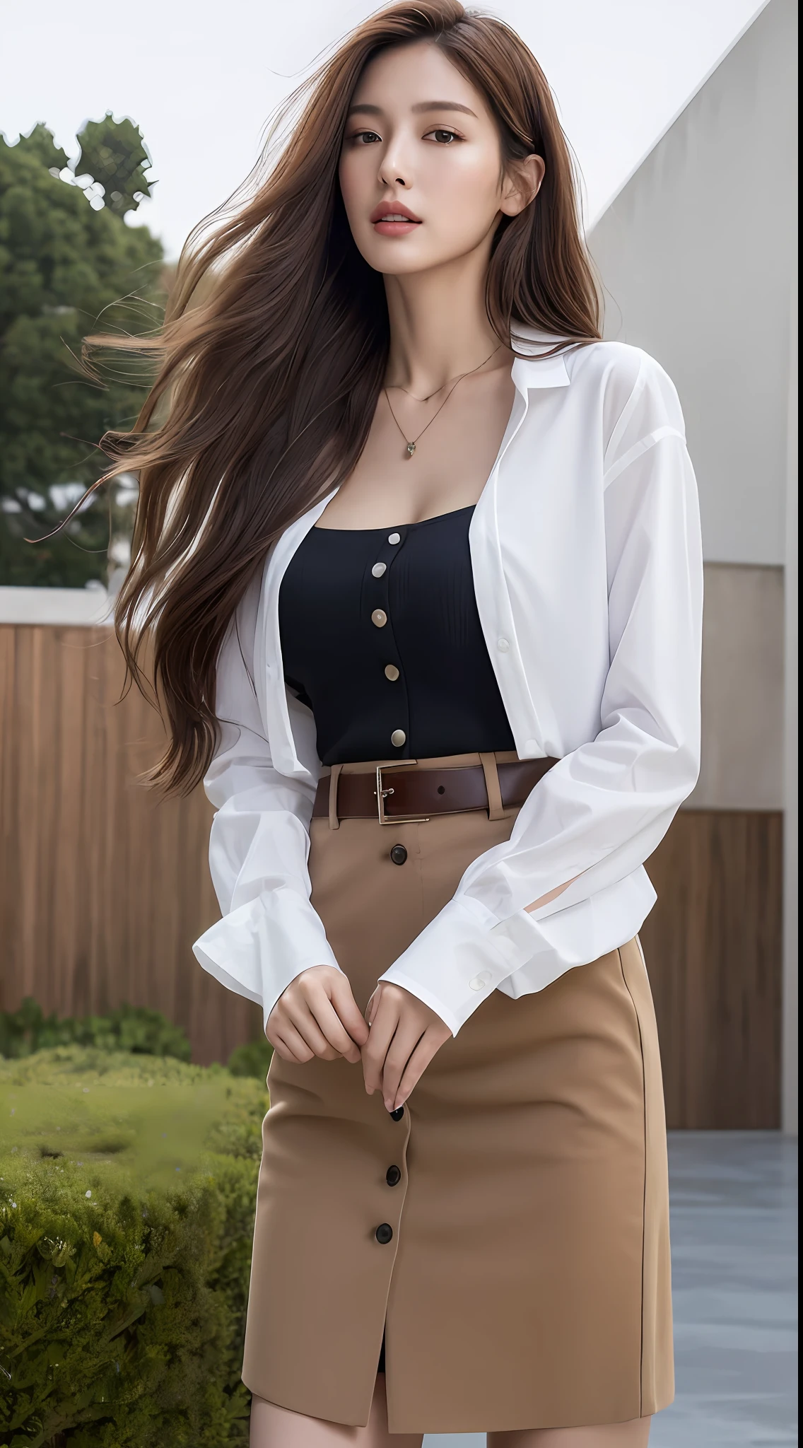 (Best quality, High resolution, Masterpiece :1.3), A tall and pretty woman, Slender abs, Dark brown hair styled in loose waves, Breasts, Wearing pendant, White button up shirt, Belt, Black skirt, (Modern architecture in background), Details exquisitely rendered in the face and skin texture, Detailed eyes, Double eyelid