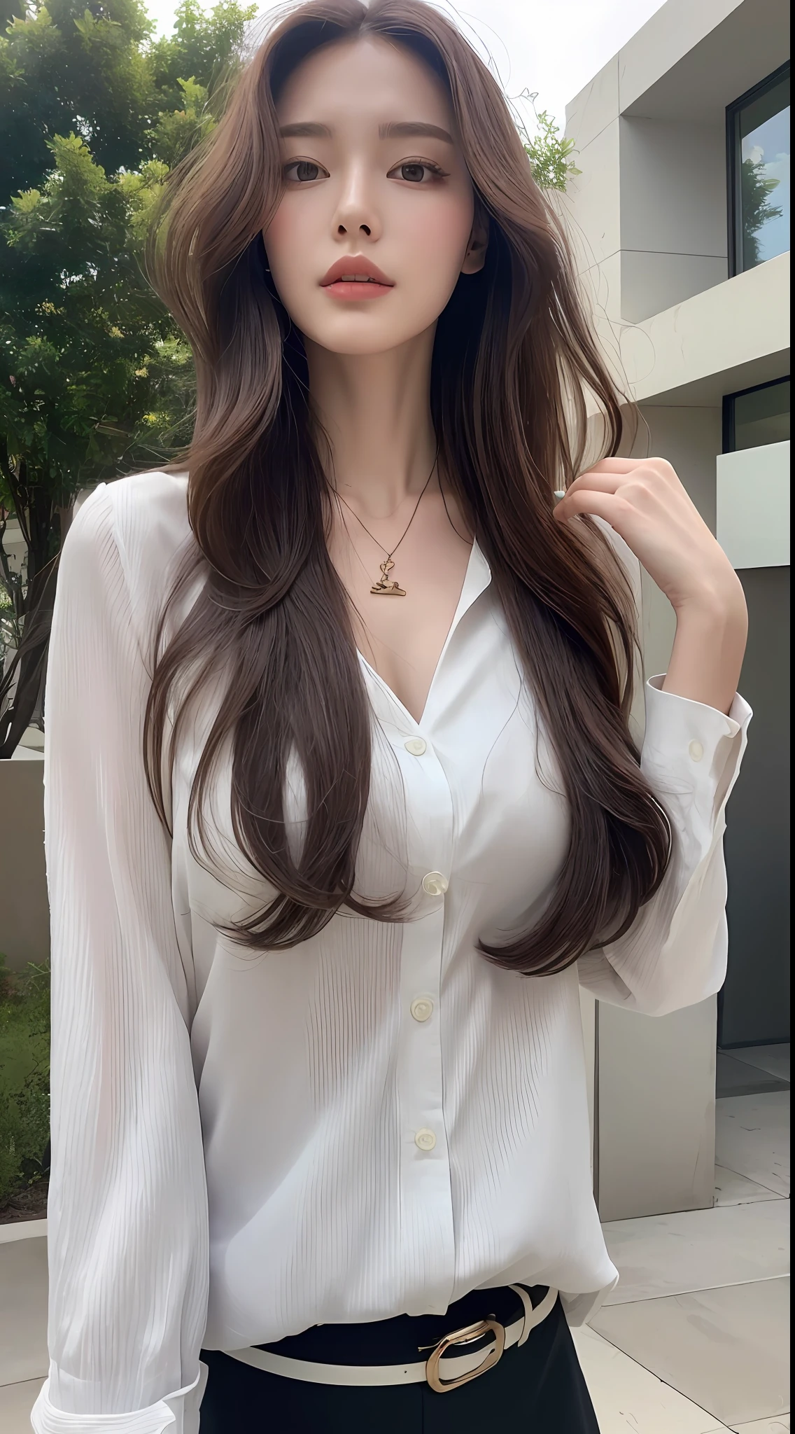 (Best quality, High resolution, Masterpiece :1.3), A tall and pretty woman, Slender abs, Dark brown hair styled in loose waves, Breasts, Wearing pendant, White button up shirt, Belt, Black skirt, (Modern architecture in background), Details exquisitely rendered in the face and skin texture, Detailed eyes, Double eyelid