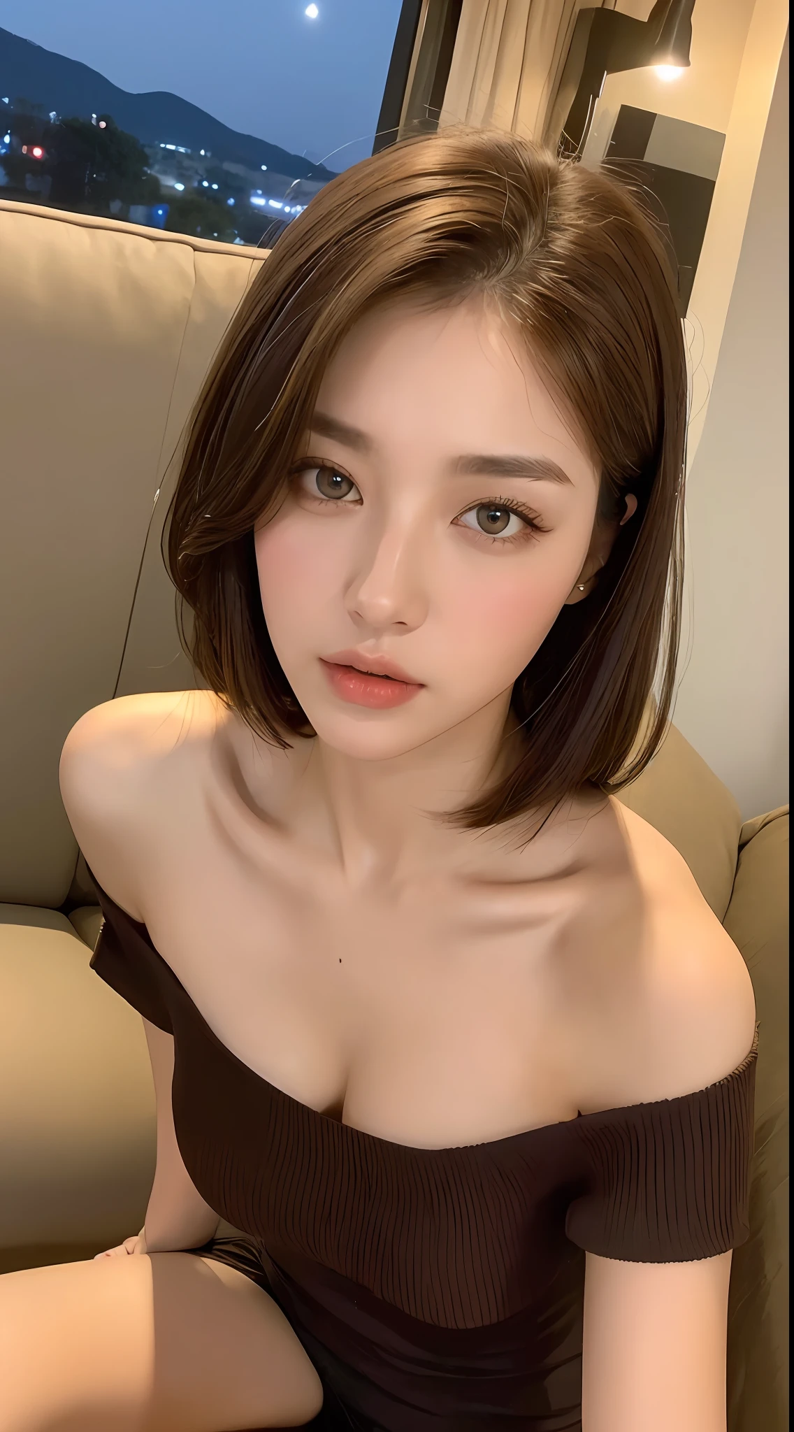 ((Night view, realistic light, best quality, 8k, masterpiece: 1.3)), 1girl, pretty woman with slim figure: 1.4, (brown hair, medium breasts: 1.3), off-the-shoulder cut top: 1.3, sofa, super detailed face, detailed eyes, double eyelids