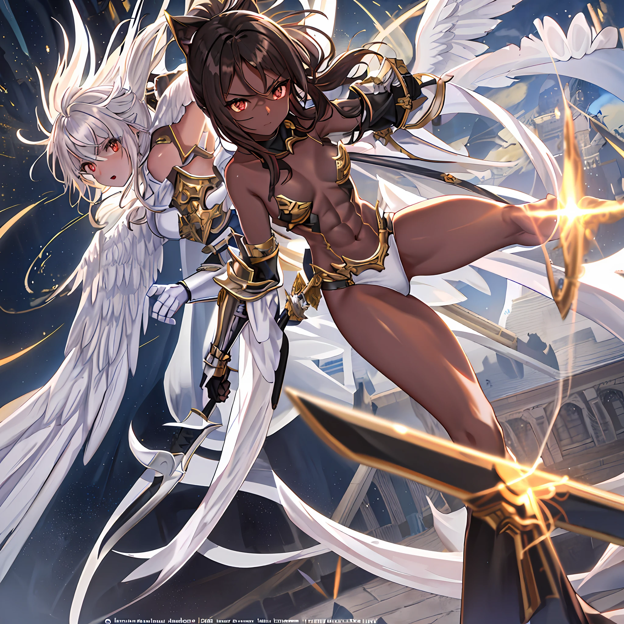 fantasy, 1angel_girl, low_teen, brown_hair, ponytail,long_bangs, (dark_skin)+, bare_shoulder, navel, thigh,silver_shiny_armor, white_clothes,waist_armor, grebe, hold_shiny_swords, medium_ breasts, angry, dynamic_pose_fighting,floating, (abs)0.8,(1pair_white_wings,pelvic_curtain)++, headgear ,city_sky_background,,slightly_spread_legs, multiple_shiny_swords_floating_ around_the_girl