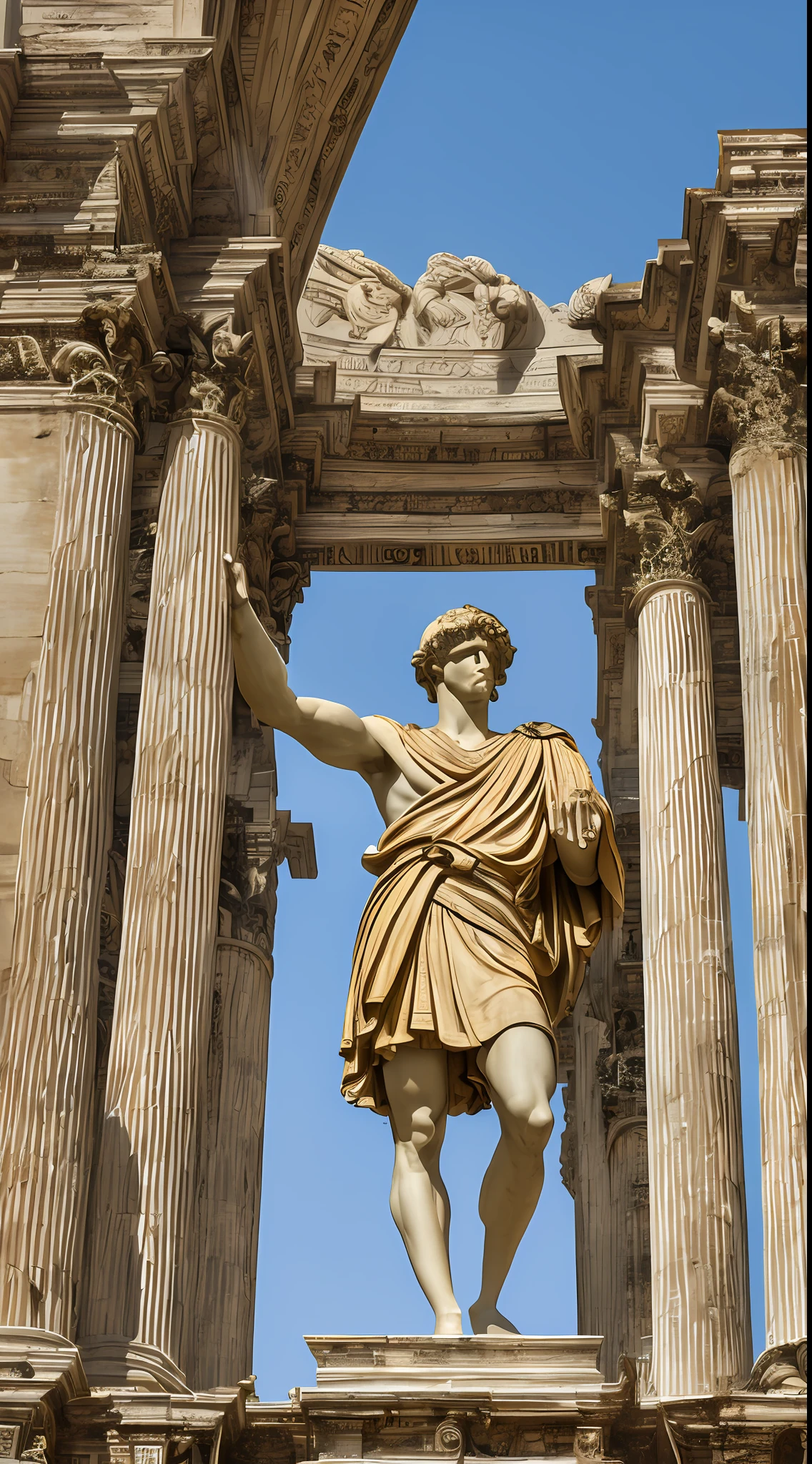 (masterpiece, UHD, digital art, richly detailed:1.3), Emperor Augustus, dignified presence, (ornate royal Roman garb:1.2), golden laurel wreath, raised hand, addressing the populace from a marble balcony, throngs of Roman citizens, diverse faces, grand Roman architecture, towering columns, (vibrant cityscape:1.4), warm afternoon sun, soft shadows, rich textures, vibrant colors, top-down perspective, diagonal shot, looking out in command.