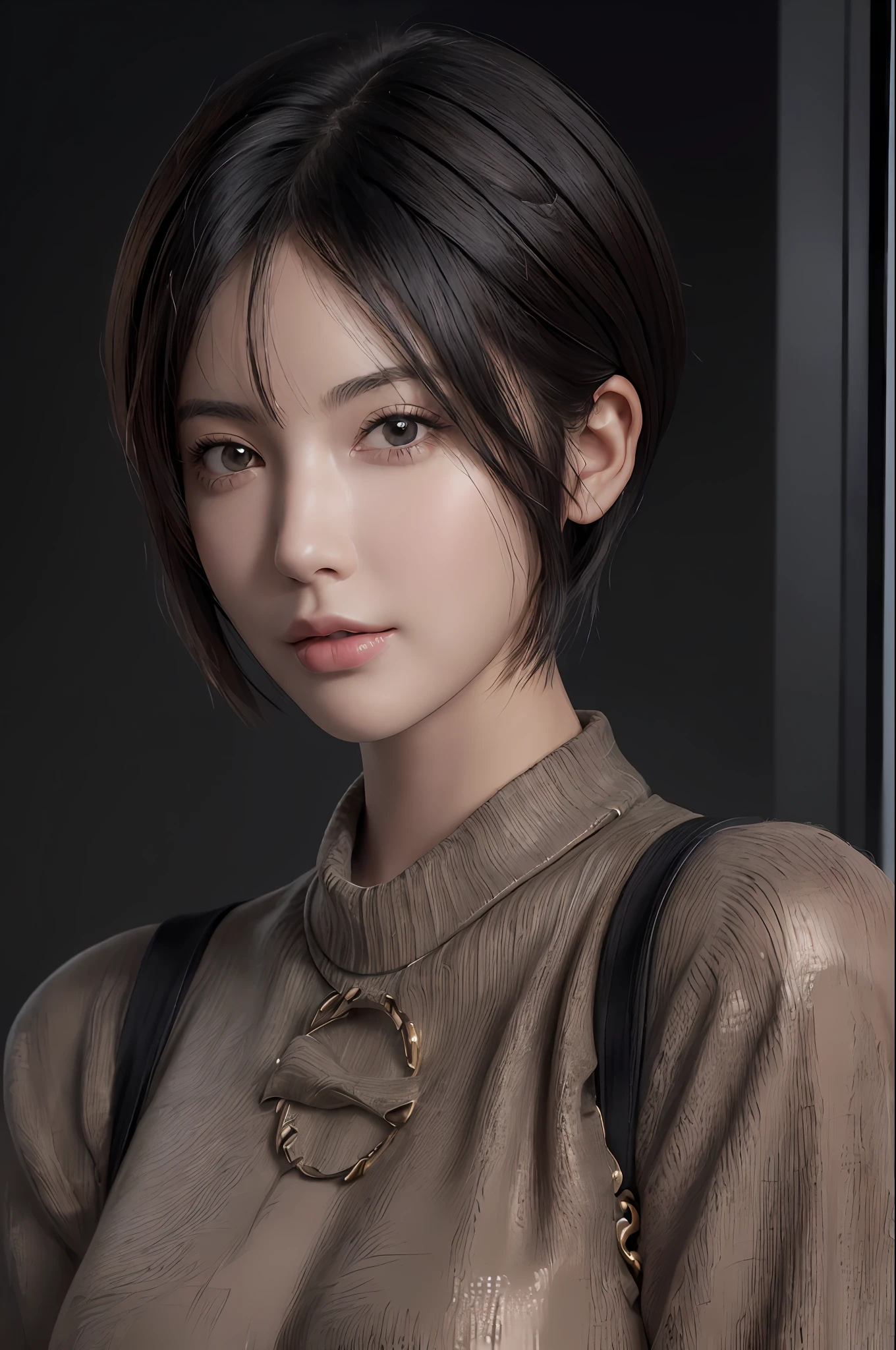 (masterpiece:1.3), (8k, photorealistic, RAW photo, best quality: 1.4), (1girl), beautiful face, (realistic face), (black hair, short hair:1.3), beautiful hairstyle, realistic eyes, beautiful detailed eyes, (realistic skin), beautiful skin, (sweater), absurdres, attractive, ultra high res, ultra realistic, highly detailed, golden ratio