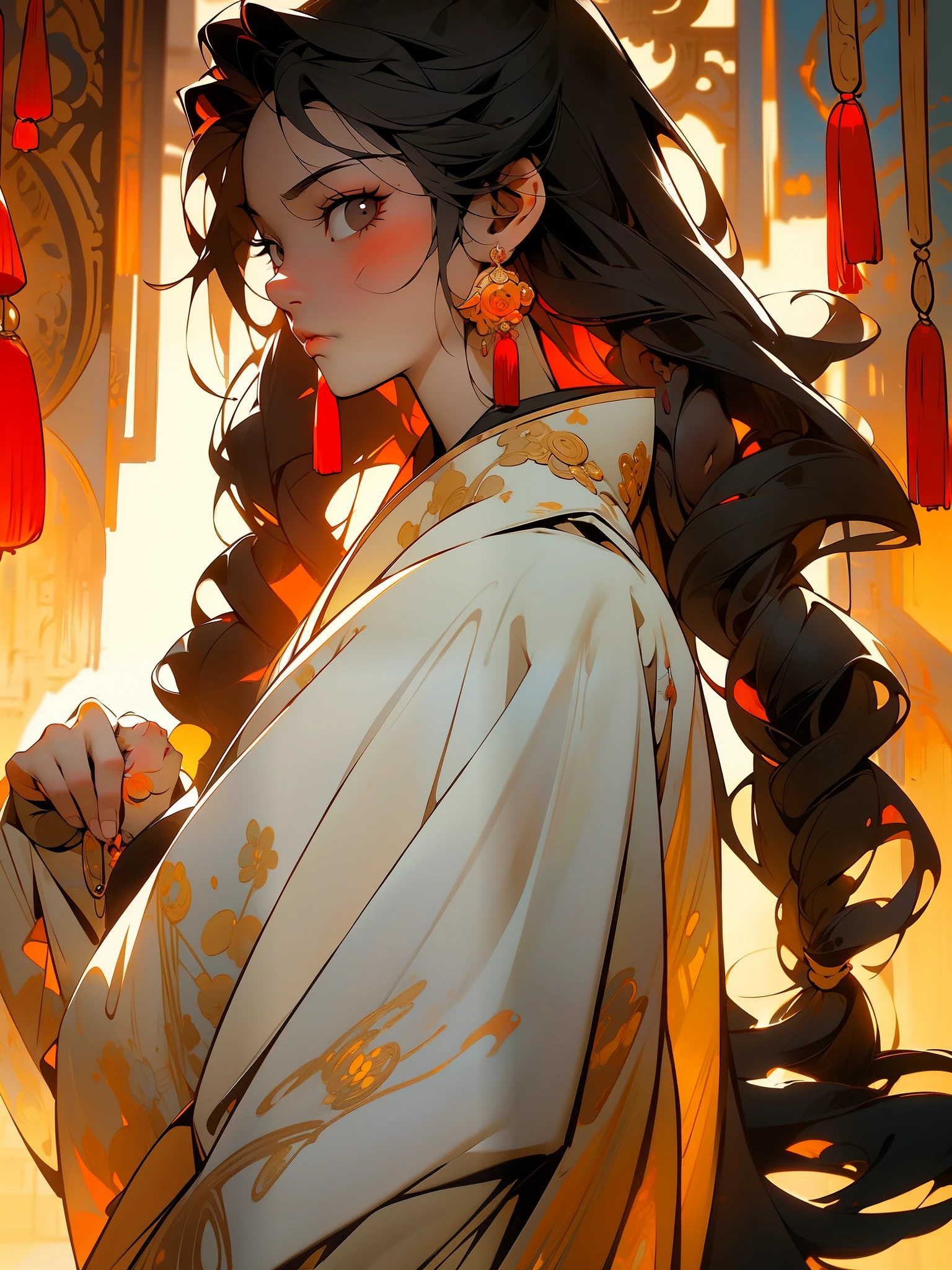 masterpiece, flat color, black hair, 1girl, looking at viewer, long hair, solo, jewelry, ancient art, chinese,