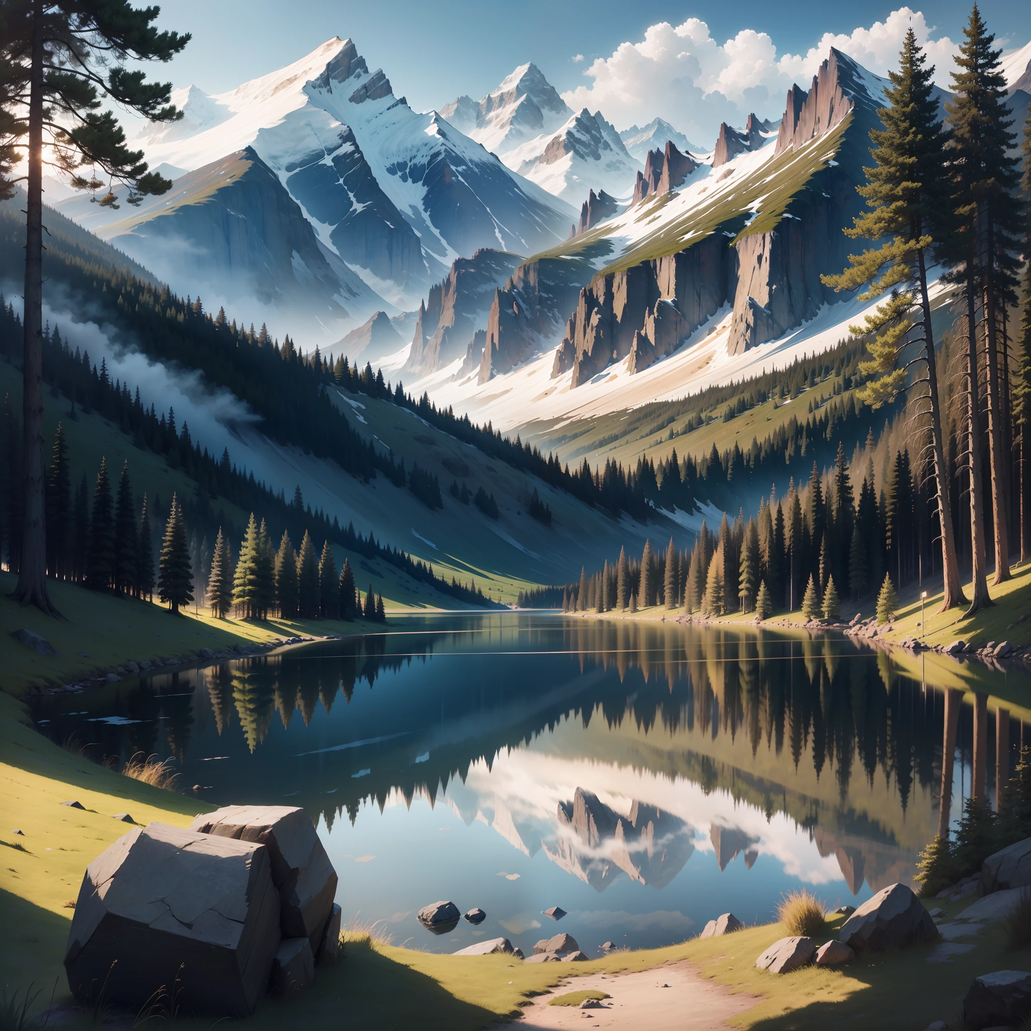 A, lake, brilliant sun, lake, glare, lighting, forests and mountains in the distance, original photo,