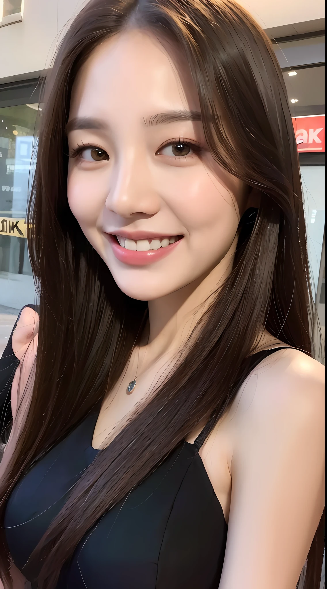 ((Best quality, 8k, Masterpiece :1.3)), 1girl, smiling, full body, slim face, Pretty woman, (Dark brown hair), full length dress :1.1, Ultra-detailed face, Detailed eyes, Double eyelid, blur background, slim face, city, outside, street,