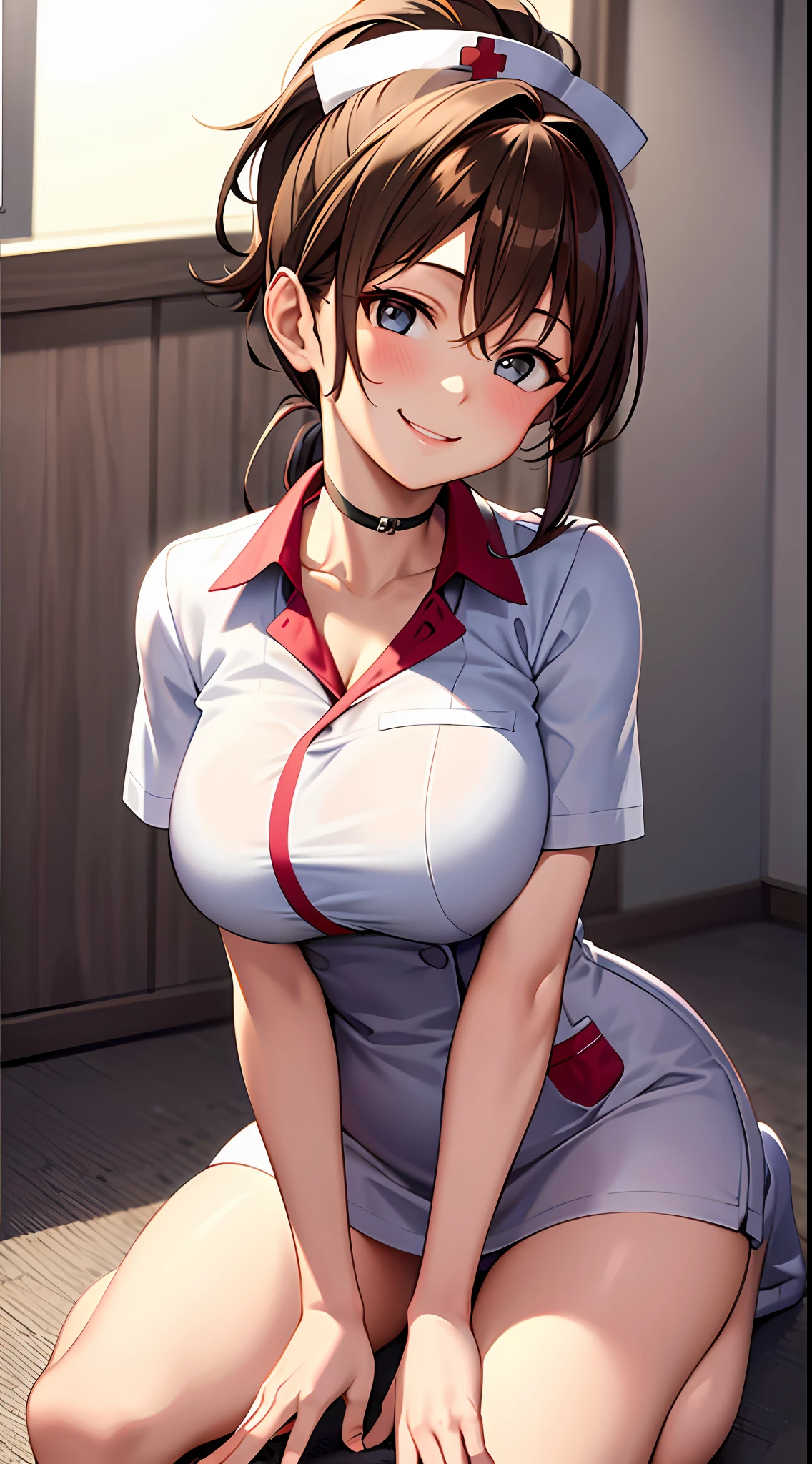 Masterpiece, best quality, 1 girl, brown ponytail, busty, nurse outfit, smiling, kneeling, (cum on breasts:1.3)