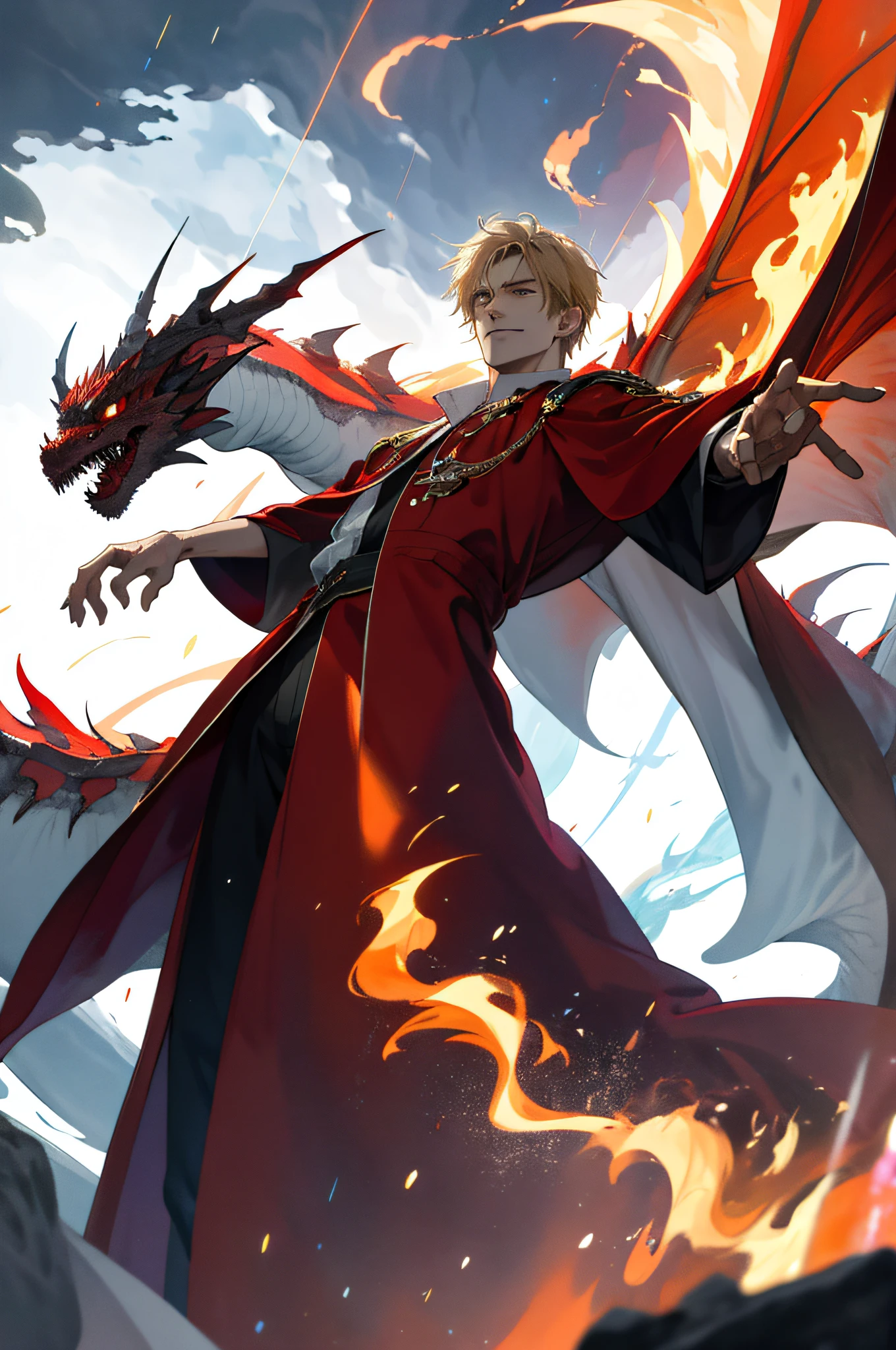 (absurd,,highresolution,ULTRA DETAILED),1 young male,( boy),hansome,Slender figure,Suspended in the air,hands spread,Long flowing blonde hair,Fire-red pupils,Look down,solo,s whole body,Detailed background, Evil smile,Focus,serious, WIZARD, Bloom in your hands(Color lightning),French formation, Dress in white,Red robe, Hair fluttering in the wind,The body exudes magic, supernatural power, Grim dark reality lighting,An incomparably huge dragon behind it,the sky is raining,lightning