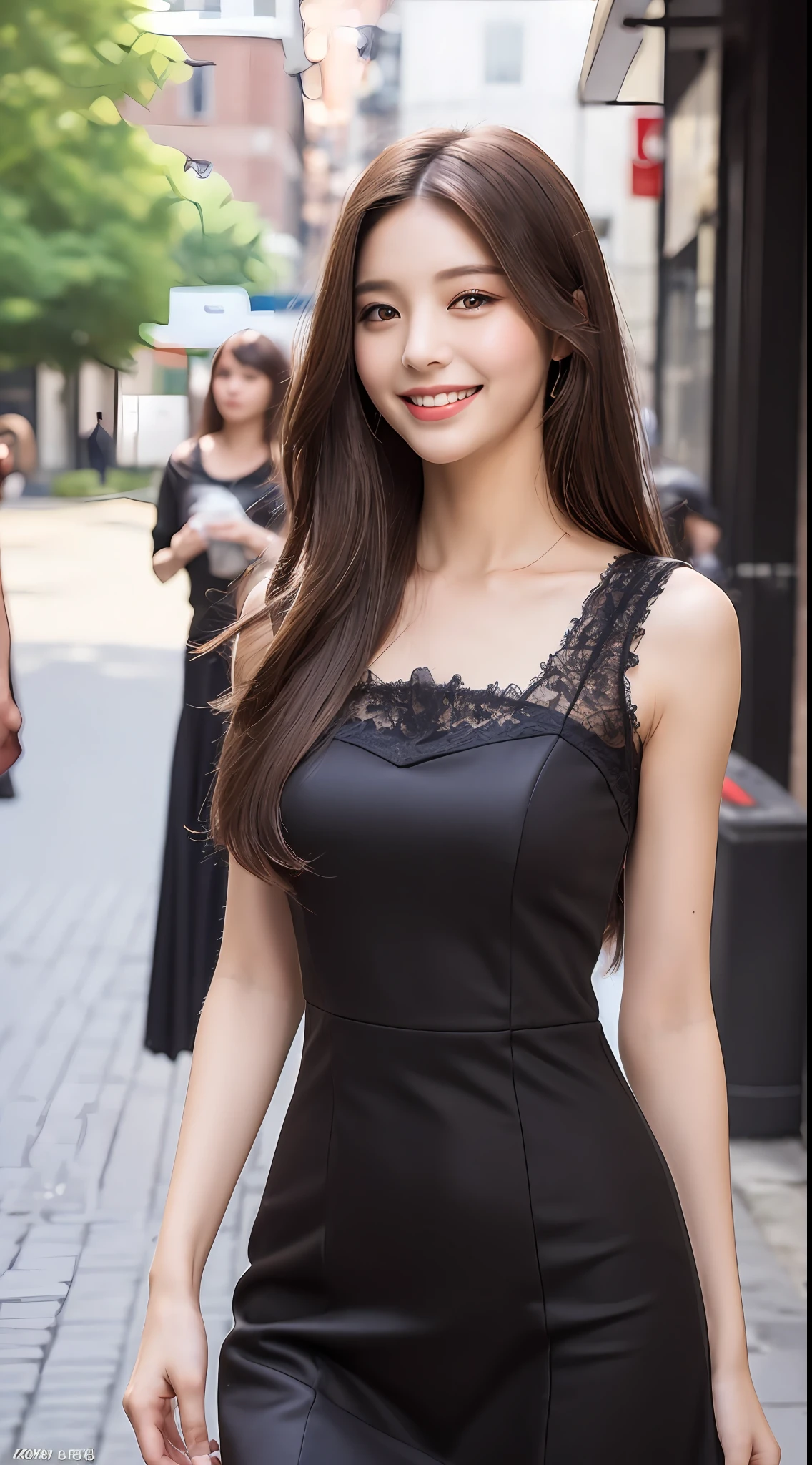 ((Best quality, 8k, Masterpiece :1.3)), 1girl, smiling, full body, slim face, Pretty woman, (Dark brown hair), full length dress :1.1, Ultra-detailed face, Detailed eyes, Double eyelid, blur background, slim face, city, outside, street,