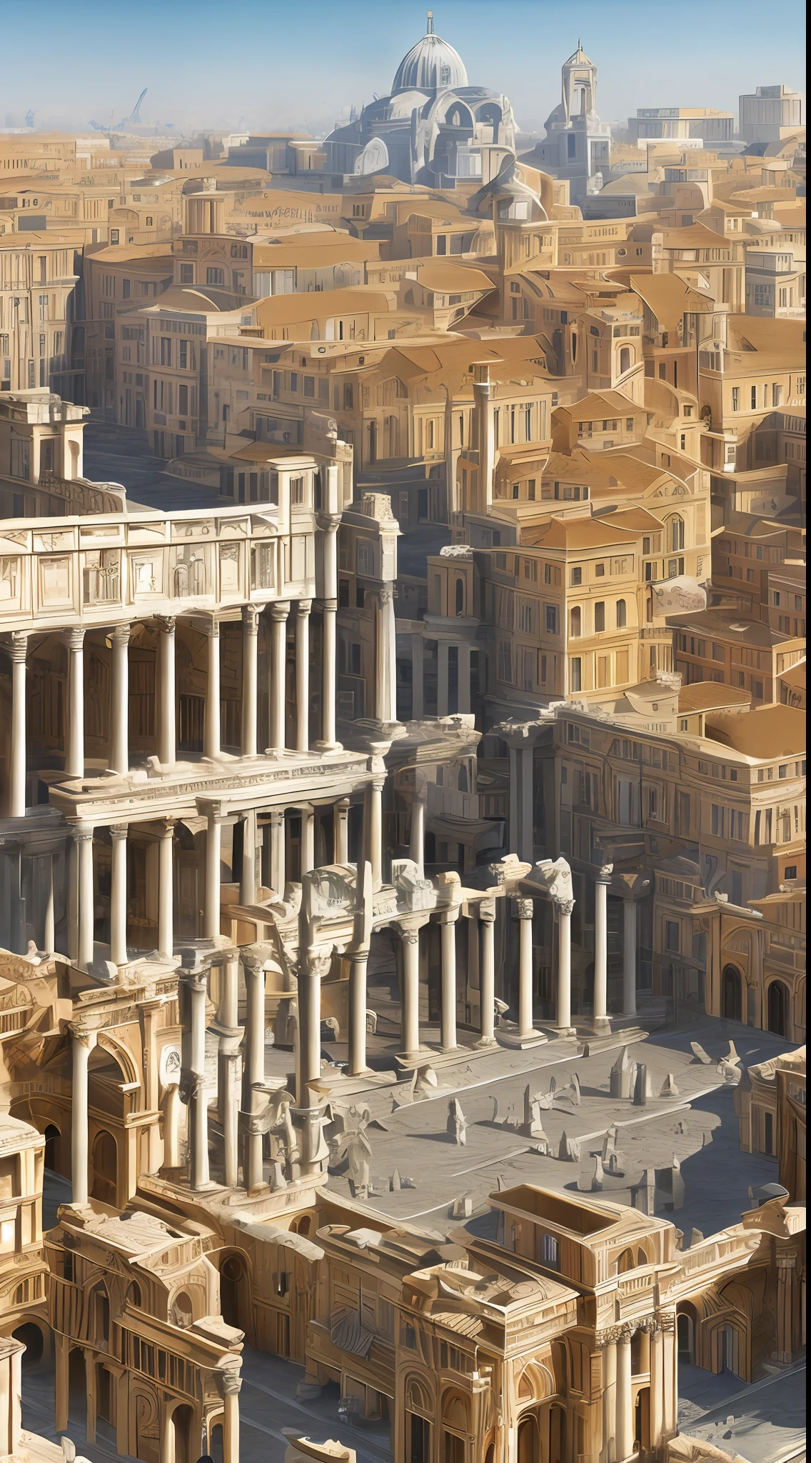 (masterpiece, best quality, CGI, official art:1.2), Emperor Augustus, stern gaze, (rich royal attire:1.2), architectural tools in hand, compass, scroll, grand Roman architecture, intricate sculptures, towering columns, (detailed architectural sketches:1.4), representing his transformative building programs, vibrant depiction of Rome's magnificent structures, warm colors, intense emotion, top-down perspective, diagonal shot, mid-action.