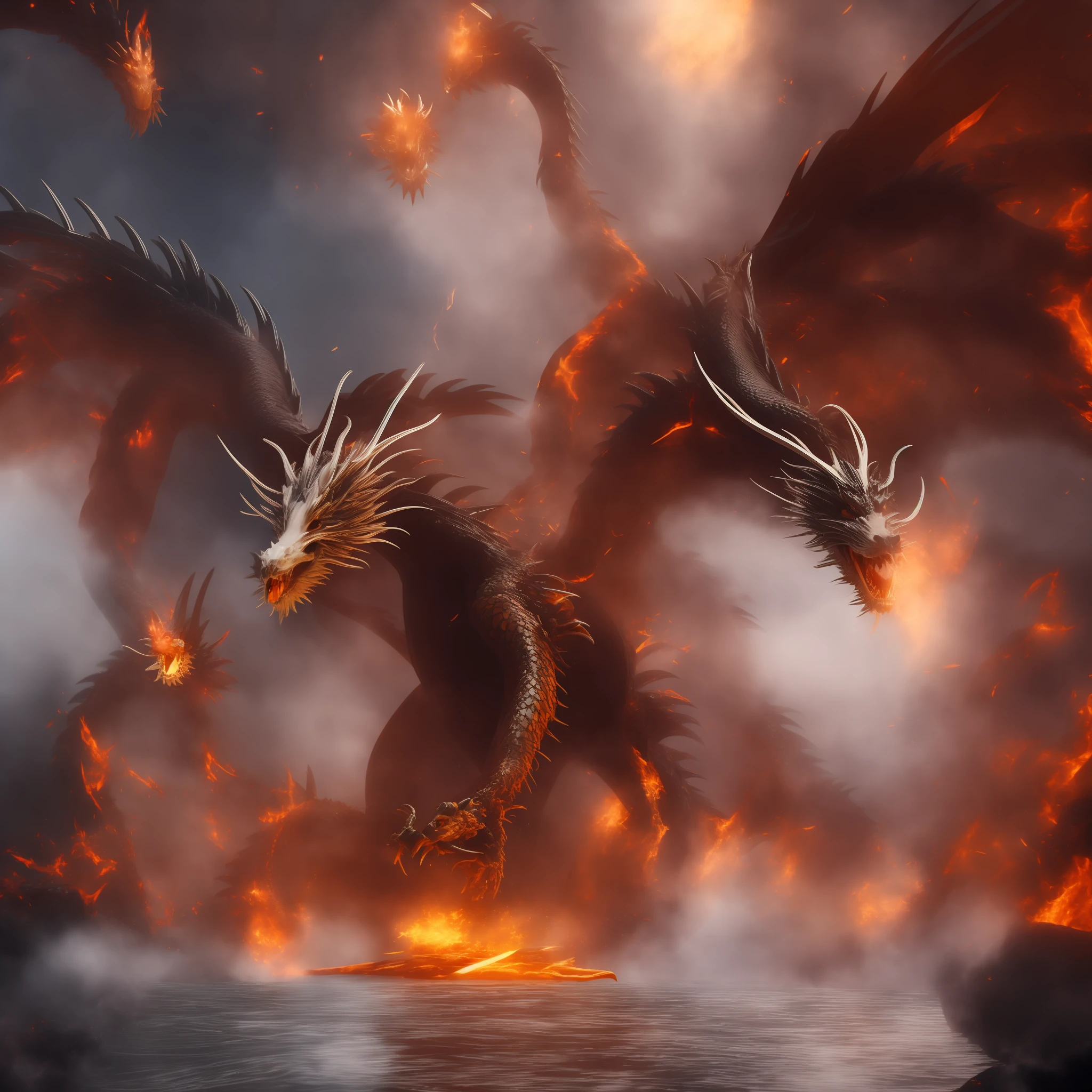 Mythological Beasts, flying out of the magma, Dragon, white scales, sharp claws, 360 view, motion blur, ray tracing, reflection light, depth of field, masterpiece, best quality, high quality, ccurate, UHD, high details