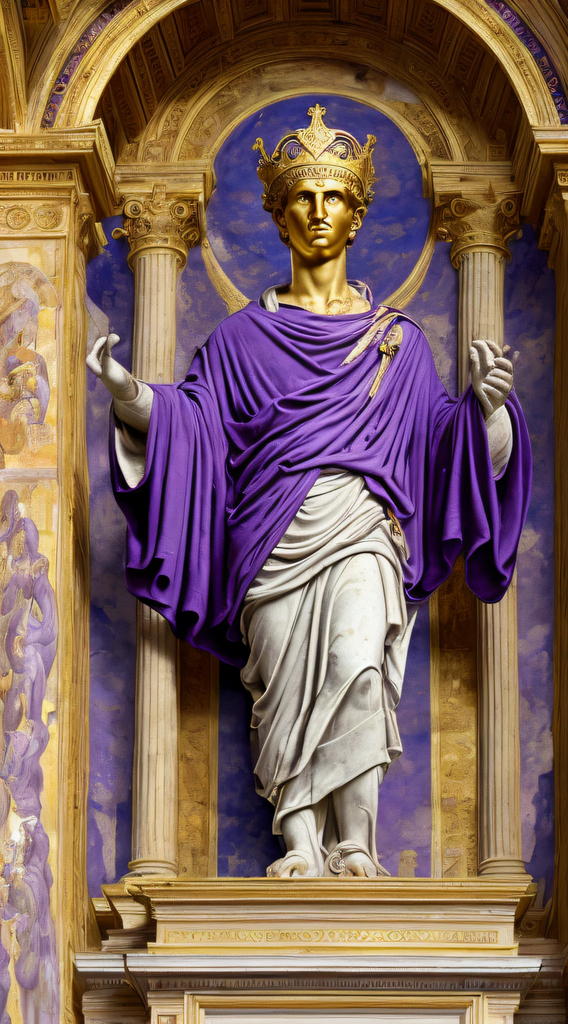 (masterpiece, UHD, illustration, detailed:1.3), Emperor Augustus, stern yet thoughtful, (regal purple robe, golden laurel crown:1.2), grand Roman architecture, majestic archways, colossal marble columns, lush public gardens, (vibrant frescoes of city plans:1.4), symbolizing his prolific public building programs, the glory of Rome, pastel colors, tranquil atmosphere, extreme close-up, side view, looking out in contemplation.