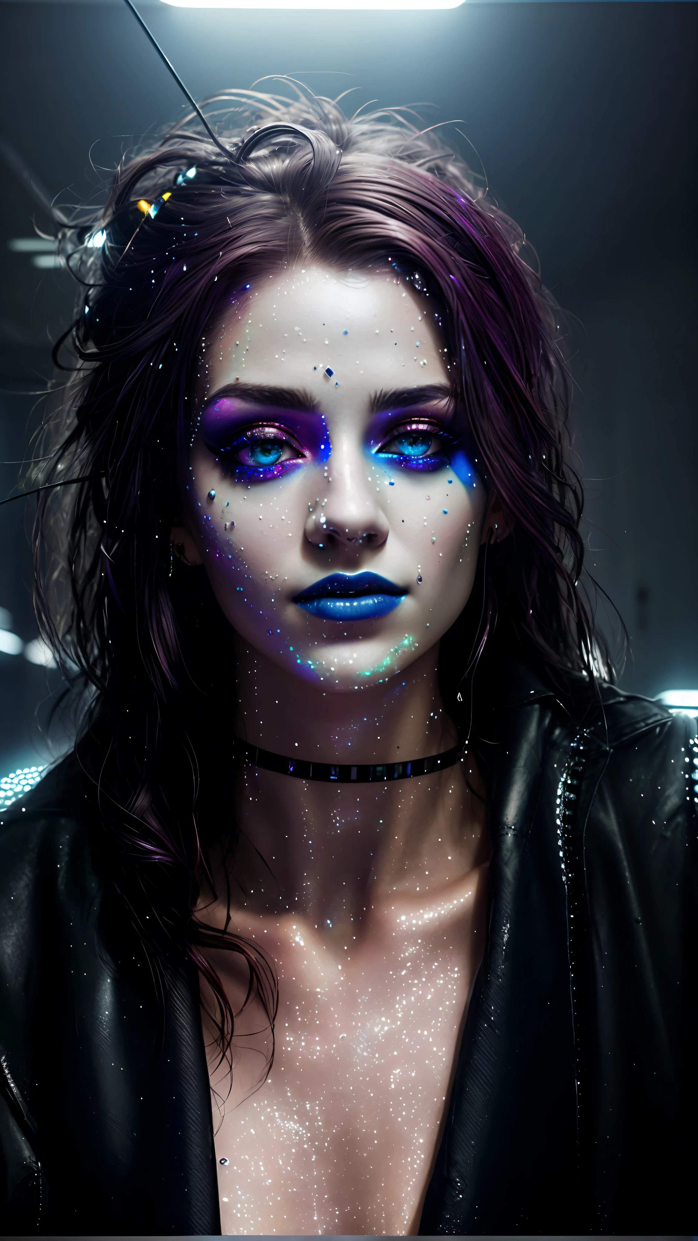 arafed woman with makeup and makeup art on her face, cyberpunk makeup, inspired by Louisa Matthíasdóttir, sexy face with full makeup, wearing goth makeup, inspired by Emma Andijewska, 90s make-up, red and blue eyes, inspired by Ignacy Witkiewicz, painted look, scary look, bubble goth makeup, full color still, 8 0 s neon movie still, still from the movie, production still, brown hair, makeup, glowing eyes, beautiful eyes, detailed eyes, glowing skin, hand tattoo, nails, jewels, rings, earrings, big earrings, crystals, shiny, RAW, beautiful woman, half-open strawberry lips, dimples, wistful look, ((detailed face)), ((detailed facial features)), (finely detailed skin), pale skin, (the megacity cyberpunk environment, neon lights, skyscrapers), ((in a dark hallway)), soft natural light, wet skin, cyberpunk megacity environment, (cool colors), damp, reflections, (masterpiece) (perfect aspect ratio), (realistic photo), (best quality), (detailed) photographed on a Canon EOS R5, 50mm lens, F/2.8, HDR, (8k) (wallpaper) (cinematic lighting) (dramatic lighting) (sharp focus) (intricate), RAW photo, RAW photo, gigachad photo, posing for camera, black jeans, arms behind, 8k uhd, dslr, high quality, film grain, Fujifilm XT3, extremely detailed, photorealistic, realistic, incredibly absurd, highly detailed, sharp focus, (Professional Studio Lighting), (Professional Color Grading), Edge Lighting, Dramatic lighting, Cinematic lighting, Lumen reflections, Soft natural lighting, Soft color, Photon mapping, Radiosity, (Beautiful eyes), (Detailed eyes), (Detailed face), symmetrical eyes, sharp eyes, cold face, full body), (HIGH LEVEL OF DETAIL),(wet, oil-lubricated), armor, best quality, ultra high res, (photorealistic: 1.4) high resolution, detailed, raw photo, sharp re, by lee jeffries nikon d850