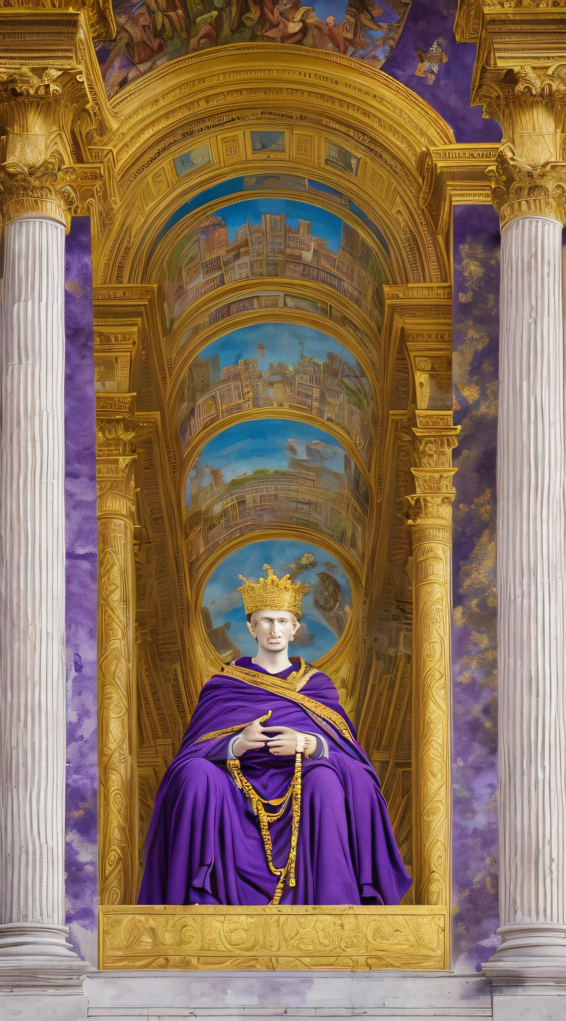 (masterpiece, UHD, illustration, detailed:1.3), Emperor Augustus, stern yet thoughtful, (regal purple robe, golden laurel crown:1.2), grand Roman architecture, majestic archways, colossal marble columns, lush public gardens, (vibrant frescoes of city plans:1.4), symbolizing his prolific public building programs, the glory of Rome, pastel colors, tranquil atmosphere, extreme close-up, side view, looking out in contemplation.