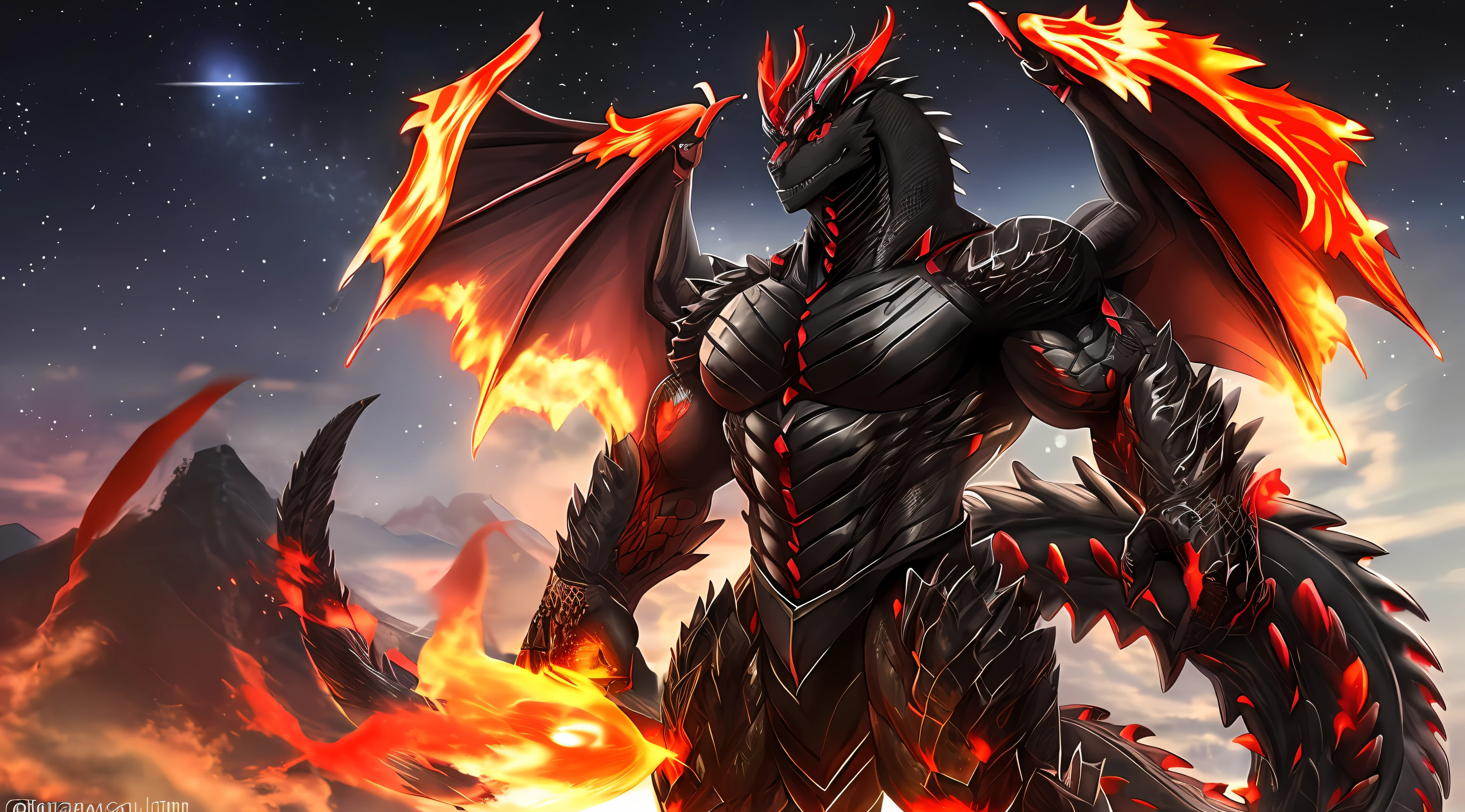 There is a red-eyed black dragon standing under the stars, anthropomorphic dragon, black dragon, dragon body, human dragon art, giant monster dragon monster, muscular dragon man, man and dragon fusion, wet, large bulge, flame, realism, epic, body with flame pattern, full body picture