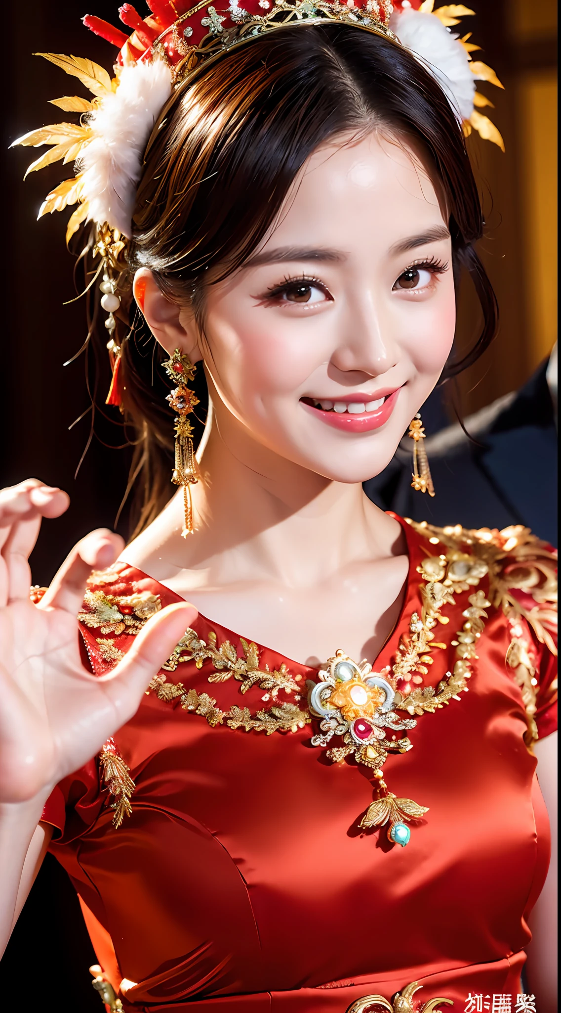 (8k, RAW Photo, Best Quality, Masterpiece: 1.2), (Realistic, Realistic: 1.37), 1 Girl, Aalfite Woman Posing for Photo in Red Dress and Headdress, Gorgeous Role Play, Beautiful Costume, Intricate Fantasy Dress, Beautiful Fantasy Queen, Chinese Dress, Complex Dress, Complex Costume, Traditional Beauty, Gorgeous Chinese Model, Chinese Costume, Wearing Gorgeous Costume, Wearing Elegant Chinese Xiuhe Dress, Chinese Wedding Dress, Phoenix Crown Xia Hanging, Antique Bride, Xiuhe Dress, Close-up, close-up, head wearing a phoenix crown, smiling