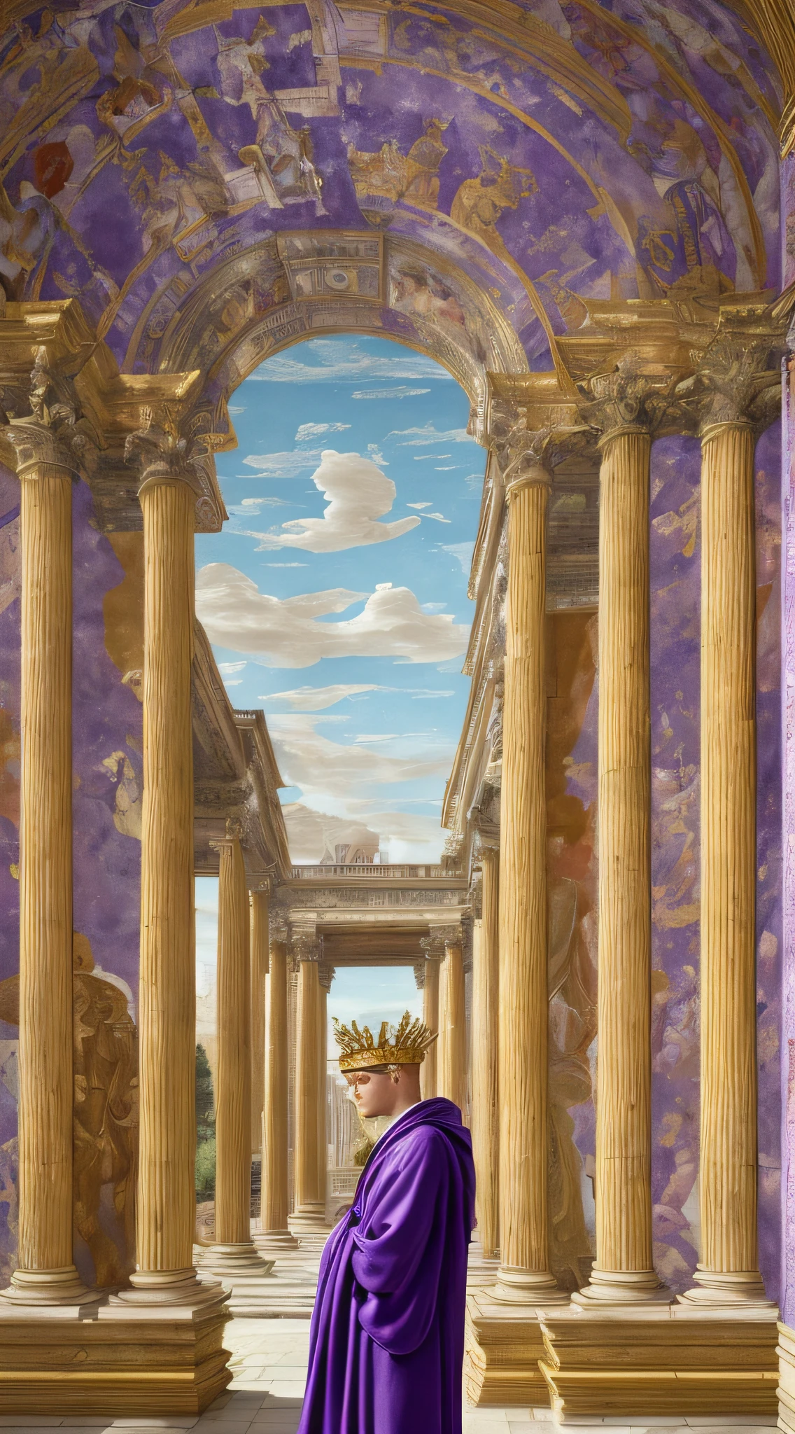 (masterpiece, UHD, illustration, detailed:1.3), Emperor Augustus, stern yet thoughtful, (regal purple robe, golden laurel crown:1.2), grand Roman architecture, majestic archways, colossal marble columns, lush public gardens, (vibrant frescoes of city plans:1.4), symbolizing his prolific public building programs, the glory of Rome, pastel colors, tranquil atmosphere, extreme close-up, side view, looking out in contemplation.