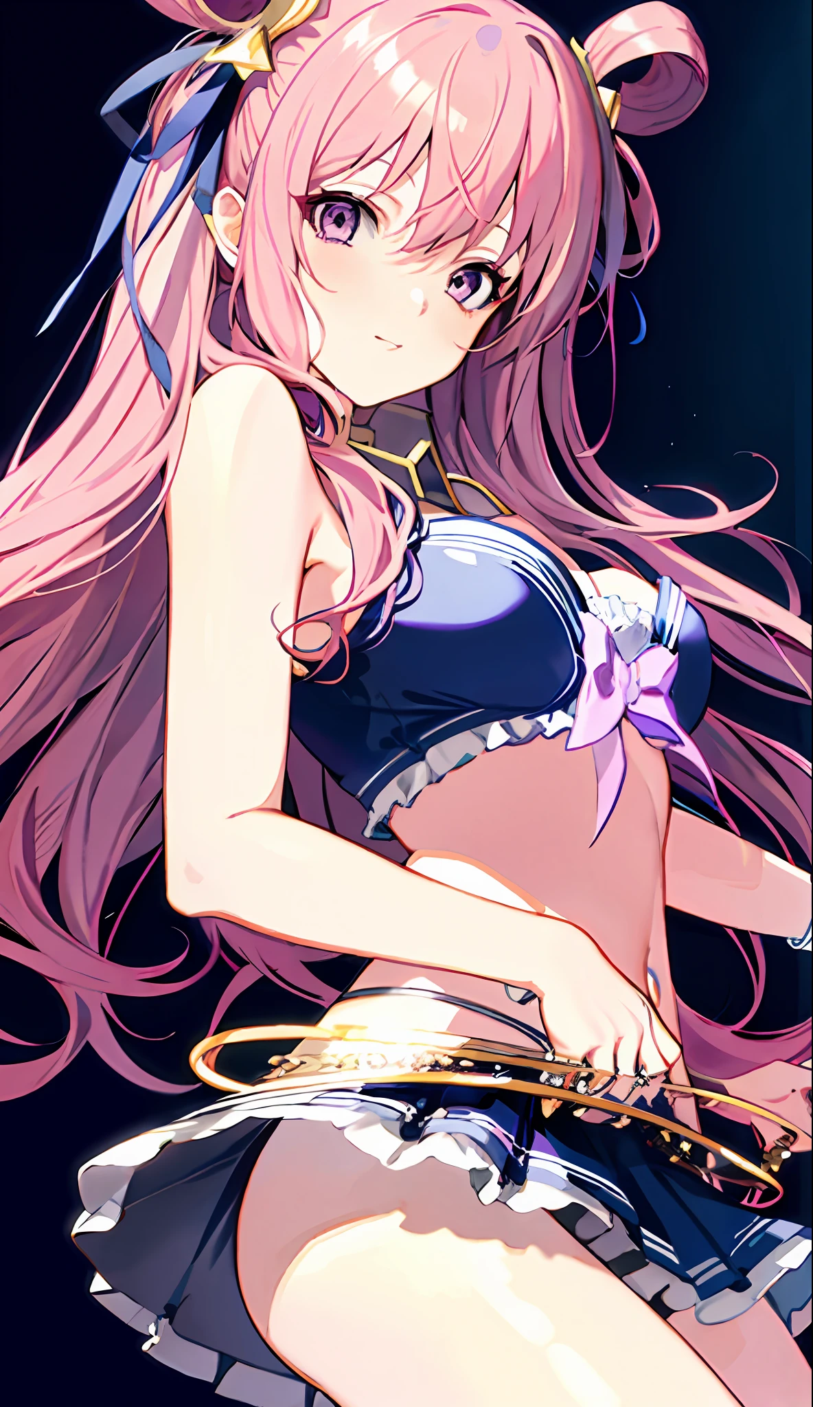 Front-facing, masterpiece, top quality, 8K animation, detailed fingers, precise fingers, not unnatural hands, illustration, 1 girl, solo, sagging eyes, rings in the hair, long pink hair, purple bikini bra, miniskirt with white ruffles, white gloves, large purple eyes, Hatsune, gentle expression,