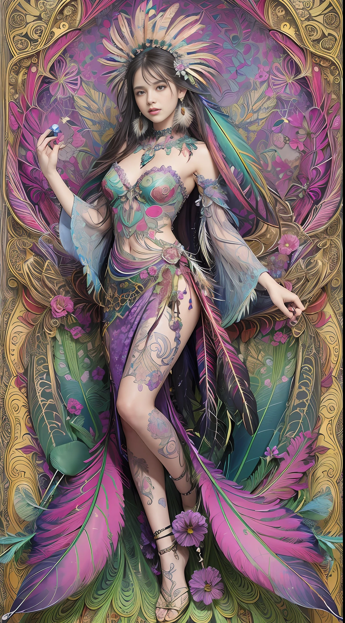 (masterpiece, top quality, best quality, official art, beautiful and aesthetic:1.2), (1girl:1.3), extremely detailed,(fractal art:1.1),(colorful:1.1)(flowers:1.3),highest detailed,(zentangle:1.2), full body, (abstract background:1.3), (shiny skin), (many colors:1.4), ,(earrings), (feathers:1.5),