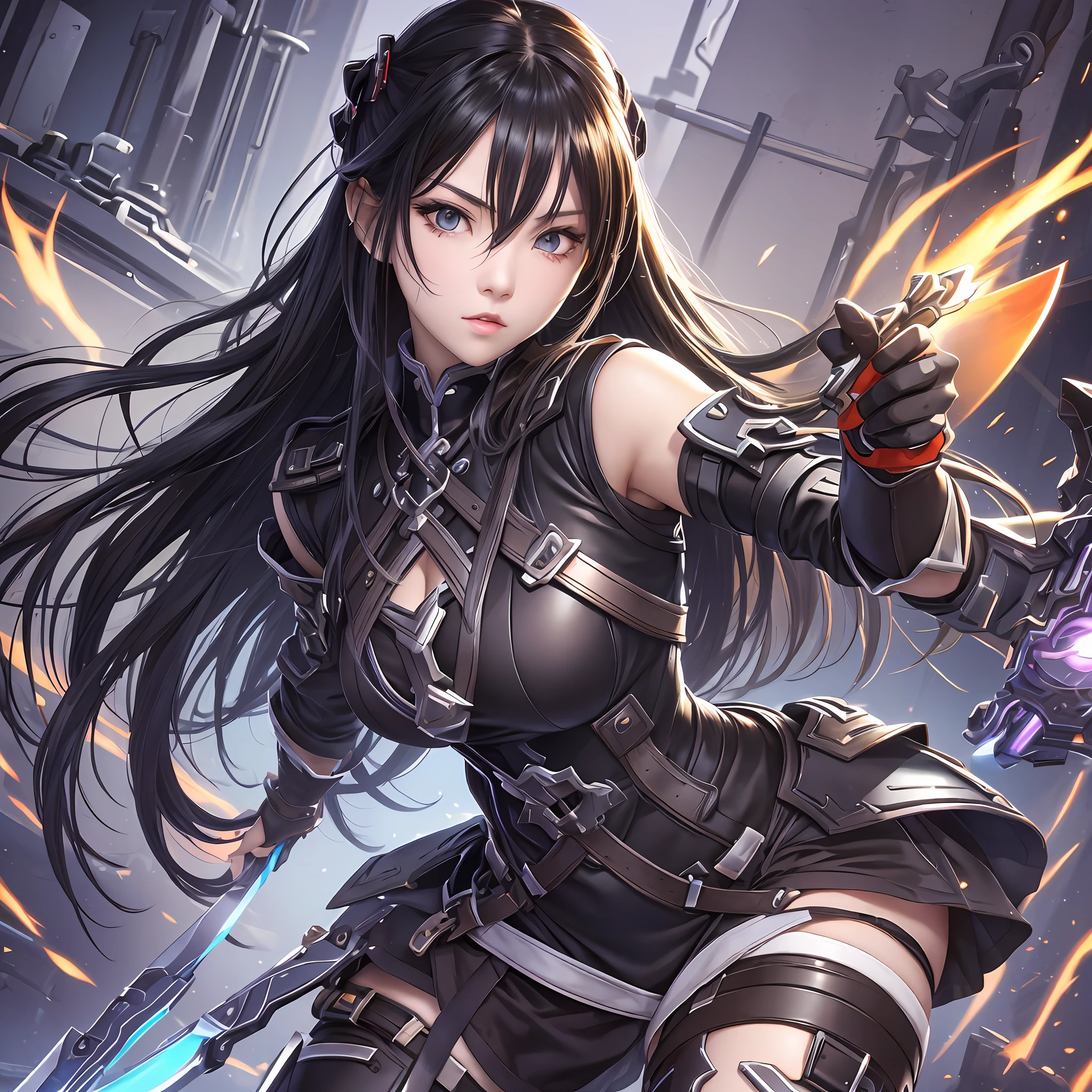 Fantastic Fighting Girl、Dual-wielding、knife,、long black hair、s whole body、Cute、sexy --auto --s2