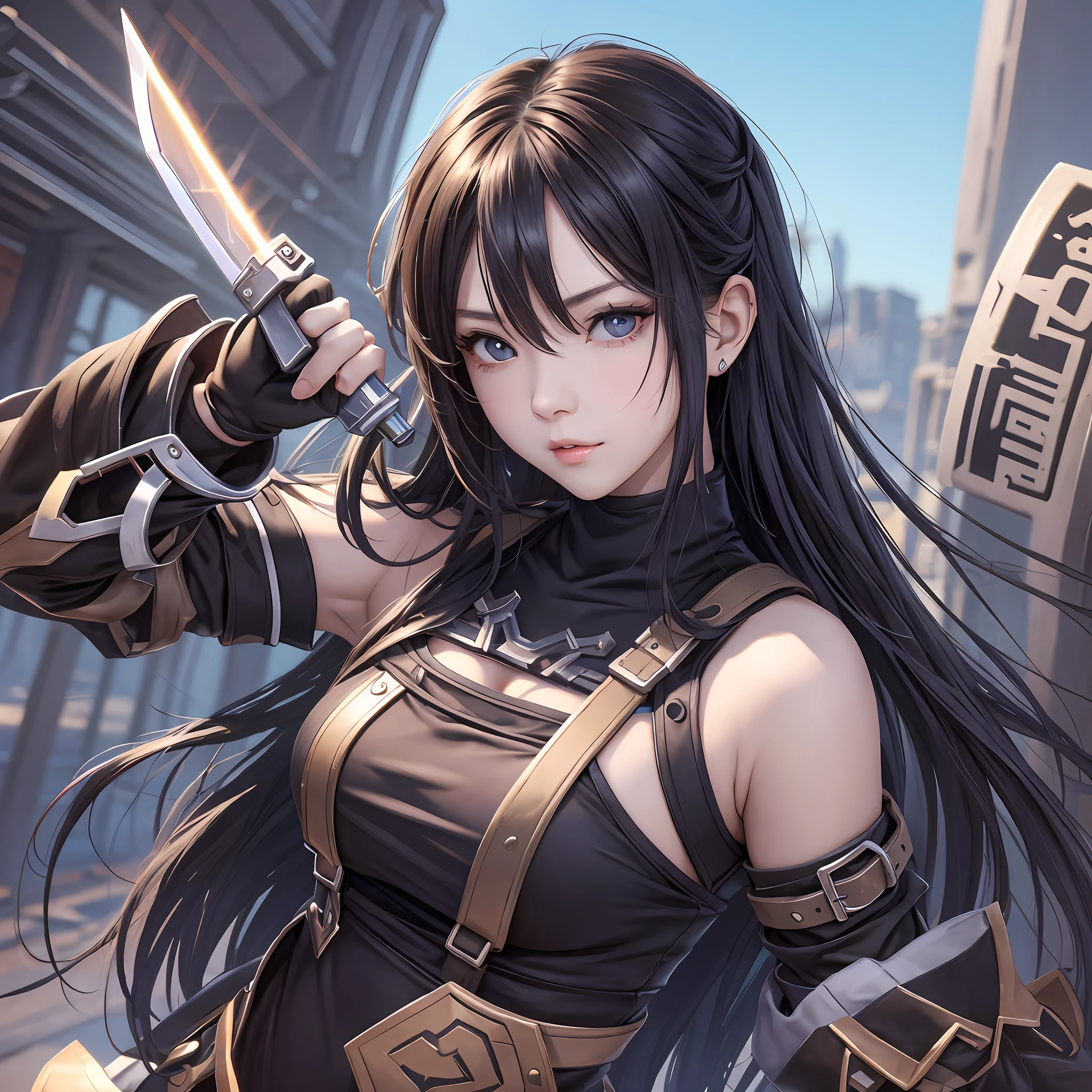 Fantastic Fighting Girl、Dual-wielding、knife,、long black hair、s whole body、Cute、sexy --auto --s2