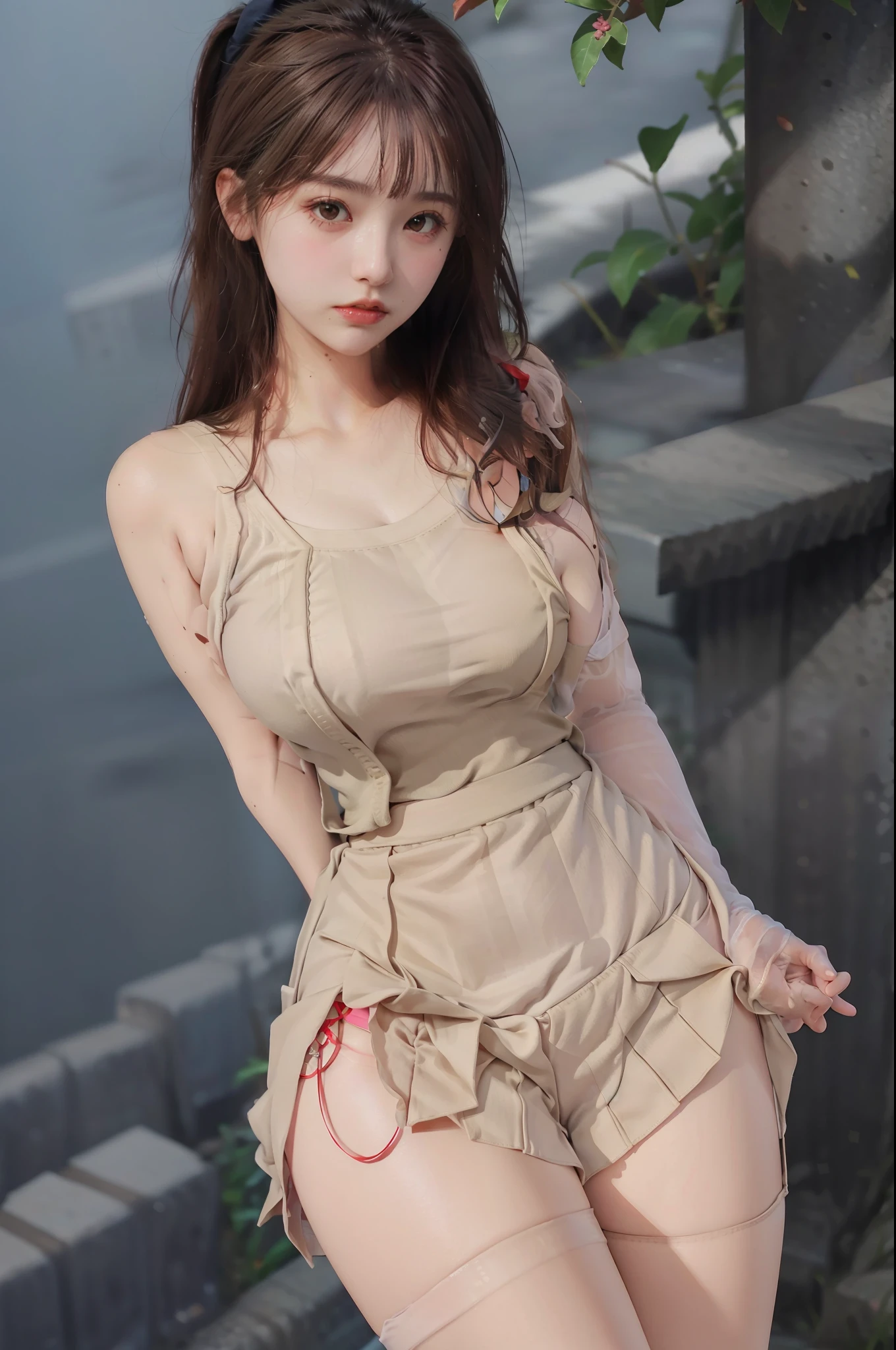 Masterpiece: 1.2, Best Quality), Realism, (Real Pictures, Rich Detail Detail, Depth of Field), (1 Girl, Solo), Makeup, High Detail, Perfect Face Shape, (: 1.4), (Skin Dents), Thick Thighs, Broad Buttocks, Thin Waist Line, High, Coral, Red Lips, Red Eyes, Ponytail (Girls, Tulle Transparent), (Sweat: 1.2), (Wet), Sexy, Blush, (Shy Expression), Suspenders, Tank Tops, Short Skirts, Shorts, Yoga Pants, Tight Short Skirts, Tight Shorts, stockings, fishnet socks, pajamas, pleated skirts, skirts, hip skirts,