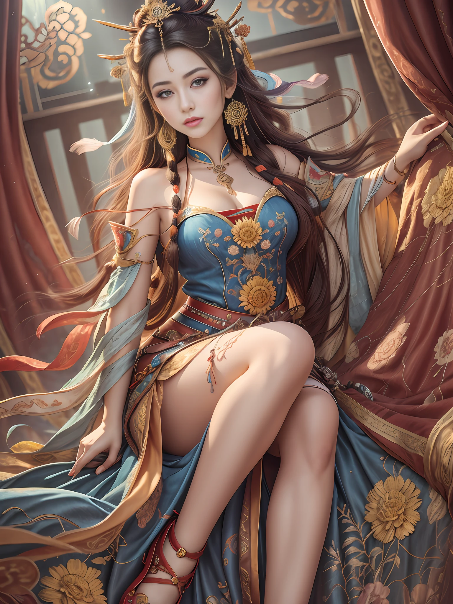 Best Quality, Masterpiece, Ultra-Detailed High Resolution, (Realistic: 1.4), Original Photo, , Illustration, 1 Girl, Handheld Weapon, (Solo Exhibition: 1.2), (Denim Lens: 1.2), (Hair Crown: 1.2), Chinese Dunhuang Traditional Costume, No Straps, (Red Eyeliner: 1.2), (Black Eyes: 1.4), Earrings, Dynamic Angle, Opera House, messy_long_hair, Ink, Movie Lights, lens_flare, Velvet, Chrysanthemum, Tassels, Ribbon, colorful embroidery, upper body, facing the camera, dynamic pose, large chest, embroidered cloth shoes