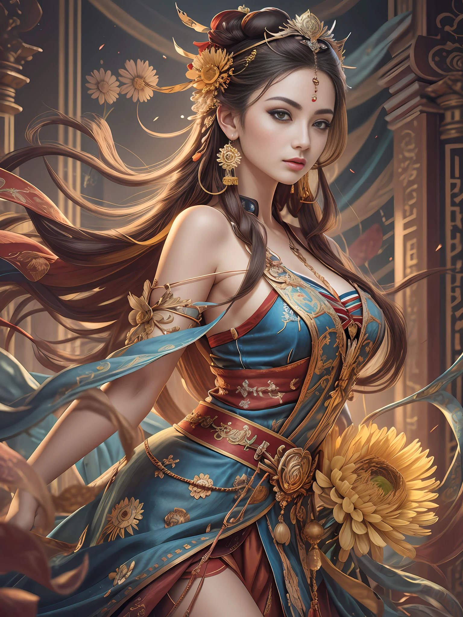 Best Quality, Masterpiece, Ultra-Detailed High Resolution, (Realistic: 1.4), Original Photo, , Illustration, 1 Girl, Handheld Weapon, (Solo Exhibition: 1.2), (Denim Lens: 1.2), (Hair Crown: 1.2), Chinese Dunhuang Traditional Costume, No Straps, (Red Eyeliner: 1.2), (Black Eyes: 1.4), Earrings, Dynamic Angle, Opera House, messy_long_hair, Ink, Movie Lights, lens_flare, Velvet, Chrysanthemum, Tassels, Ribbon, colorful embroidery, upper body, facing the camera, dynamic pose, large chest, embroidered cloth shoes