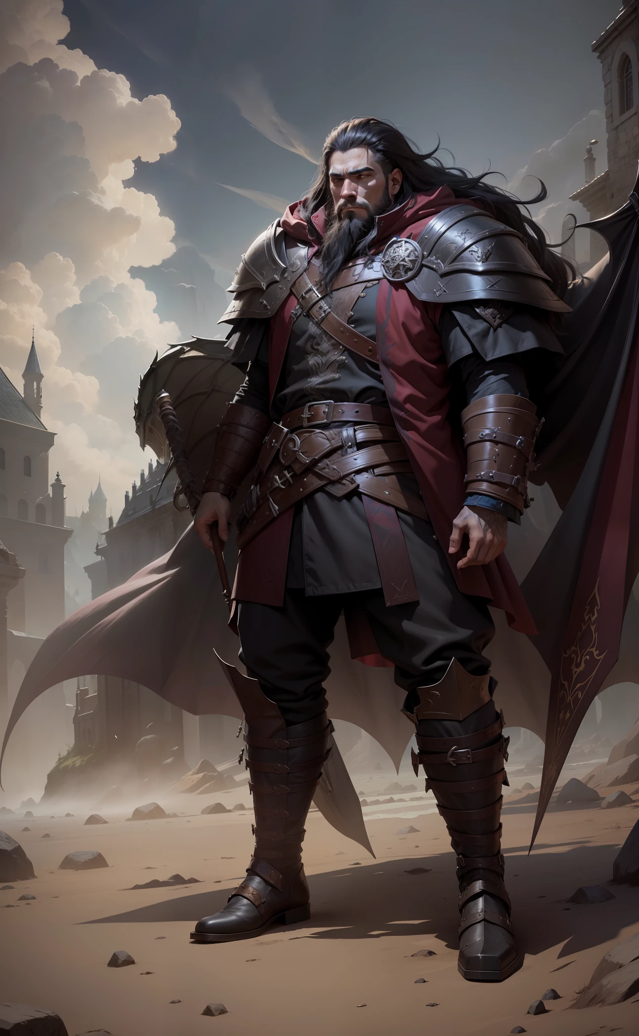 guerreiro, cabelo curto e barba pretos, olhar maligno, Dragon cloak RPG concept art character, Arte conceitual de personagens 8k, Arte conceitual de personagens 8K, personagem dnd guerreiro, rpg character reference, artbook conceitual --auto --s2