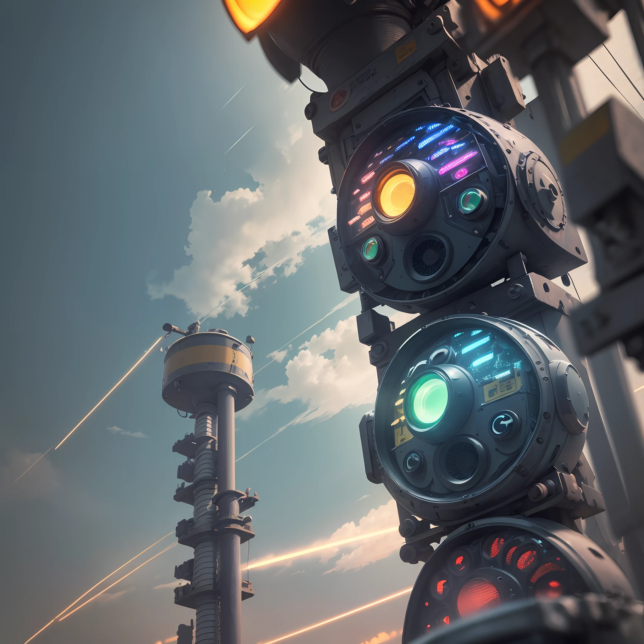 a close up one robotic traffic lights that are on a pole, (masterpiece), (best quality),photorealistic, 8k raw photo, ultra high res, robot, glowing jiqinvhai, huge robot, mechanics, mechanical parts, robot joint --auto --s2