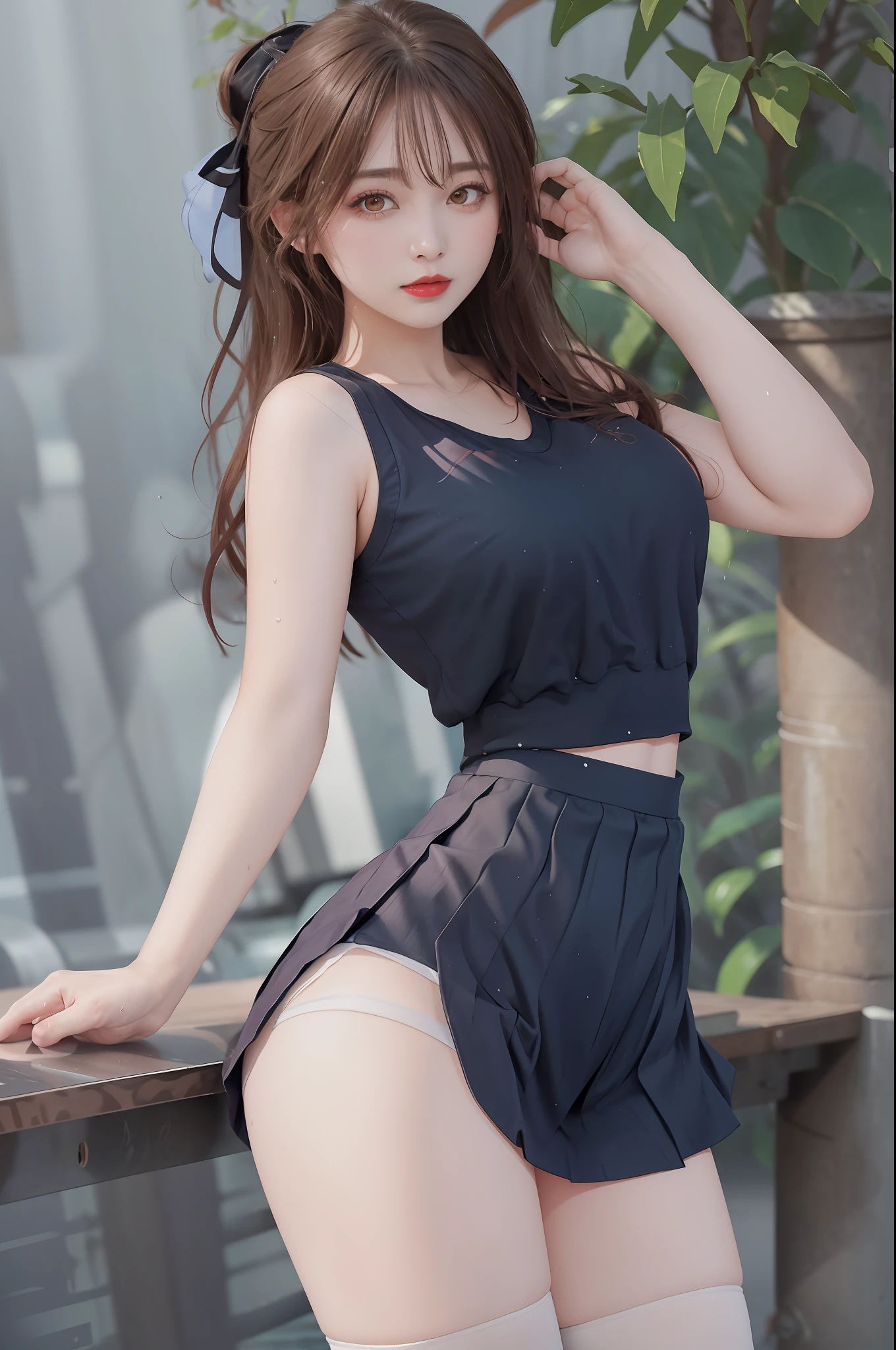 Masterpiece: 1.2, Best Quality), Realism, (Real Pictures, Rich Detail Detail, Depth of Field), (1 Girl, Solo), Makeup, High Detail, Perfect Face Shape, (: 1.4), (Skin Dents), Thick Thighs, Broad Buttocks, Thin Waist Line, High, Coral, Red Lips, Red Eyes, Ponytail (Girls, Tulle Transparent), (Sweat: 1.2), (Wet), Sexy, Blush, (Shy Expression), Suspenders, Tank Tops, Short Skirts, Shorts, Yoga Pants, Tight Short Skirts, Tight Shorts, stockings, fishnet socks, pajamas, pleated skirts, skirts, hip skirts,