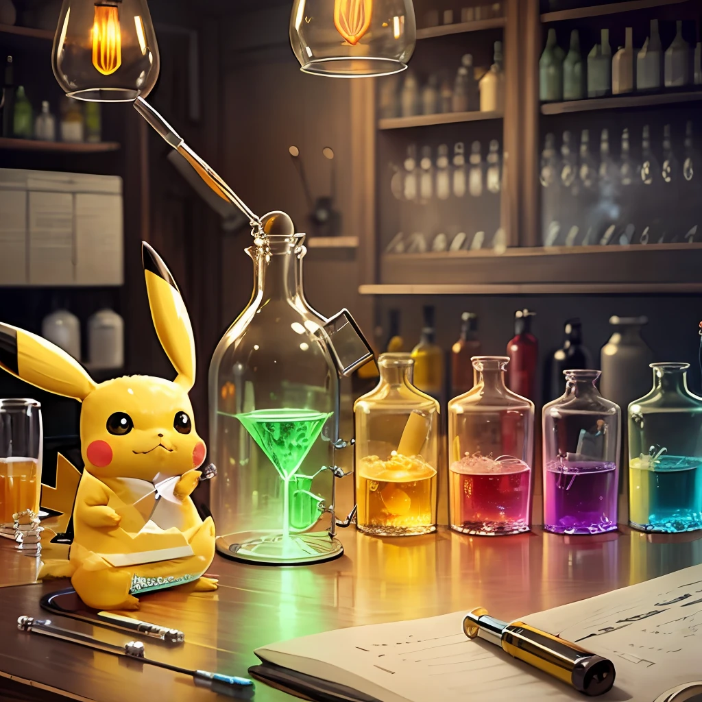 A Pikachu stands in front of a table with chemical instruments, test tubes, beakers, alcohol lamps, realistic、 , naked，　Shoujo　Cutes, --auto --s2