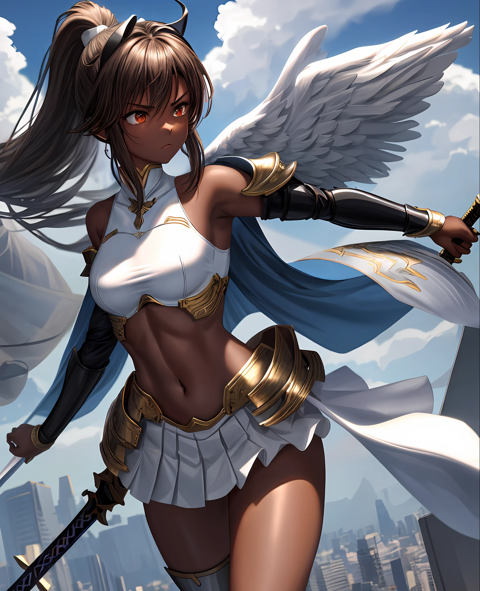 fantasy, 1angel_girl, low_teen, brown_hair, ponytail,long_bangs, (dark_skin)+, bare_shoulder, navel, thigh,silver_shiny_armor, white_clothes,waist_armor, grebe, hold_shiny_swords, medium_ breasts, angry, dynamic_pose_fighting,floating, (abs)0.8,(1pair_white_wings,pelvic_curtain)++, headgear ,city_sky_background,,slightly_spread_legs, multiple_shiny_swords_floating_ around_the_girl