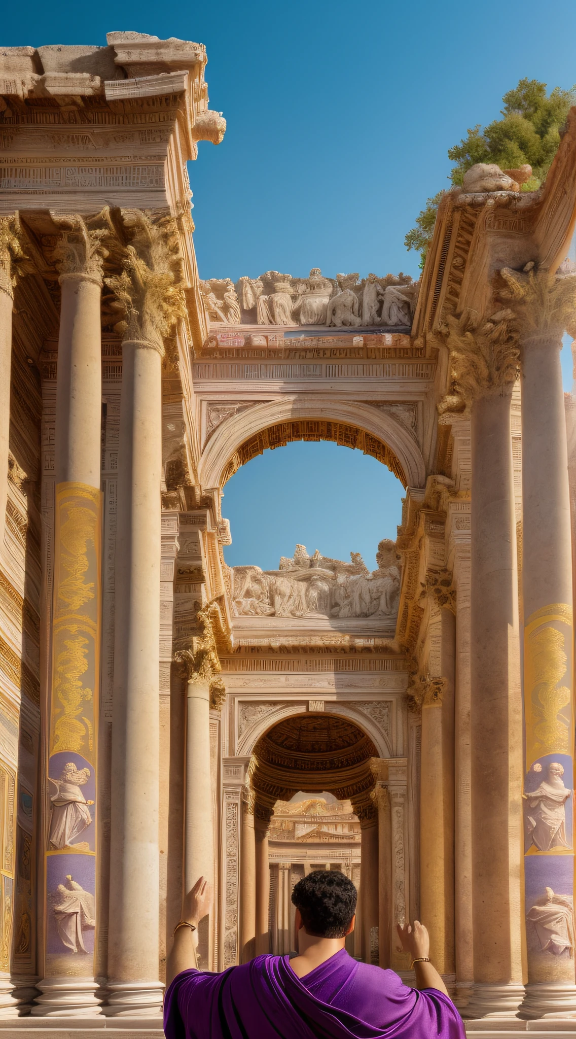 (masterpiece, UHD, illustration, detailed:1.3), Emperor Augustus, stern yet thoughtful, (regal purple robe, golden laurel crown:1.2), grand Roman architecture, majestic archways, colossal marble columns, lush public gardens, (vibrant frescoes of city plans:1.4), symbolizing his prolific public building programs, the glory of Rome, pastel colors, tranquil atmosphere, extreme close-up, side view, looking out in contemplation.