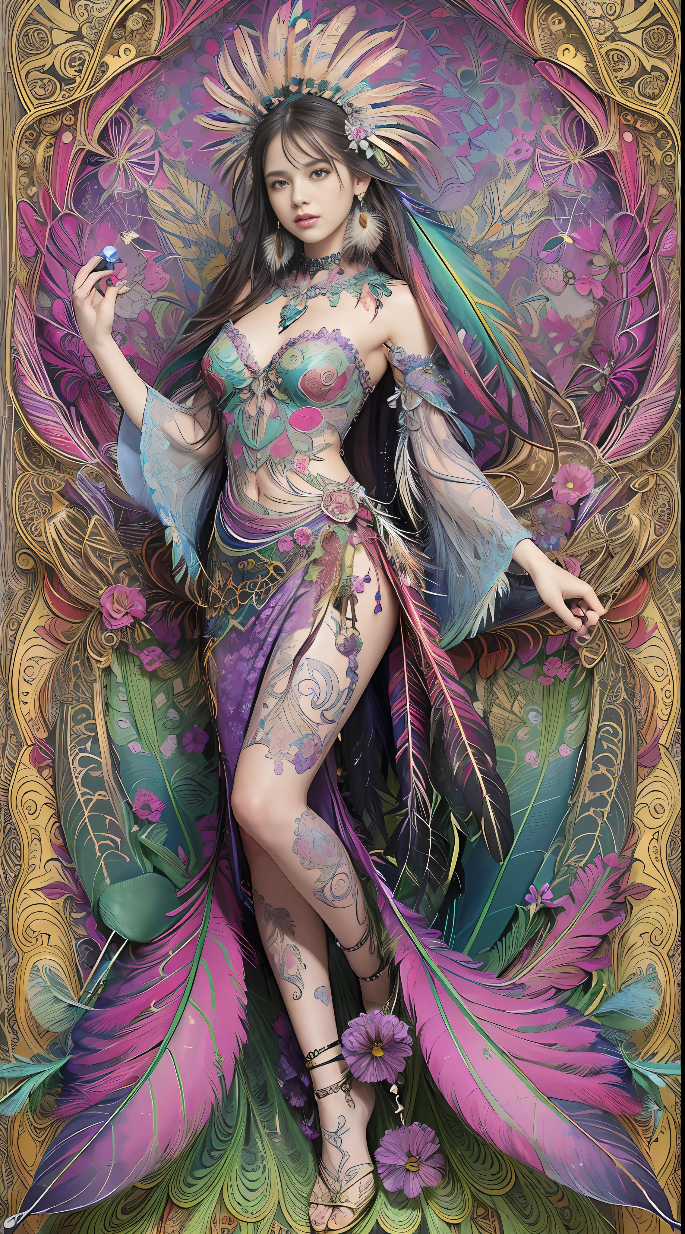 (masterpiece, top quality, best quality, official art, beautiful and aesthetic:1.2), (1girl:1.3), extremely detailed,(fractal art:1.1),(colorful:1.1)(flowers:1.3),highest detailed,(zentangle:1.2), full body, (abstract background:1.3), (shiny skin), (many colors:1.4), ,(earrings), (feathers:1.5),