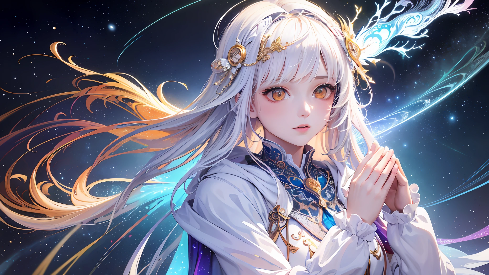 (masterpiece, top quality, best quality, official art, beautiful and aesthetic:1.2), (1girl), extreme detailed, (fractal art:1.3), colorful, highest detailed, perfect face, upper body, HDR, (praying:1.3), (white cloak golden lines:1.2), galaxy, (light streaks), striking visuals, (dynamic streaks, luminous trails:1.2), vibrant colors,