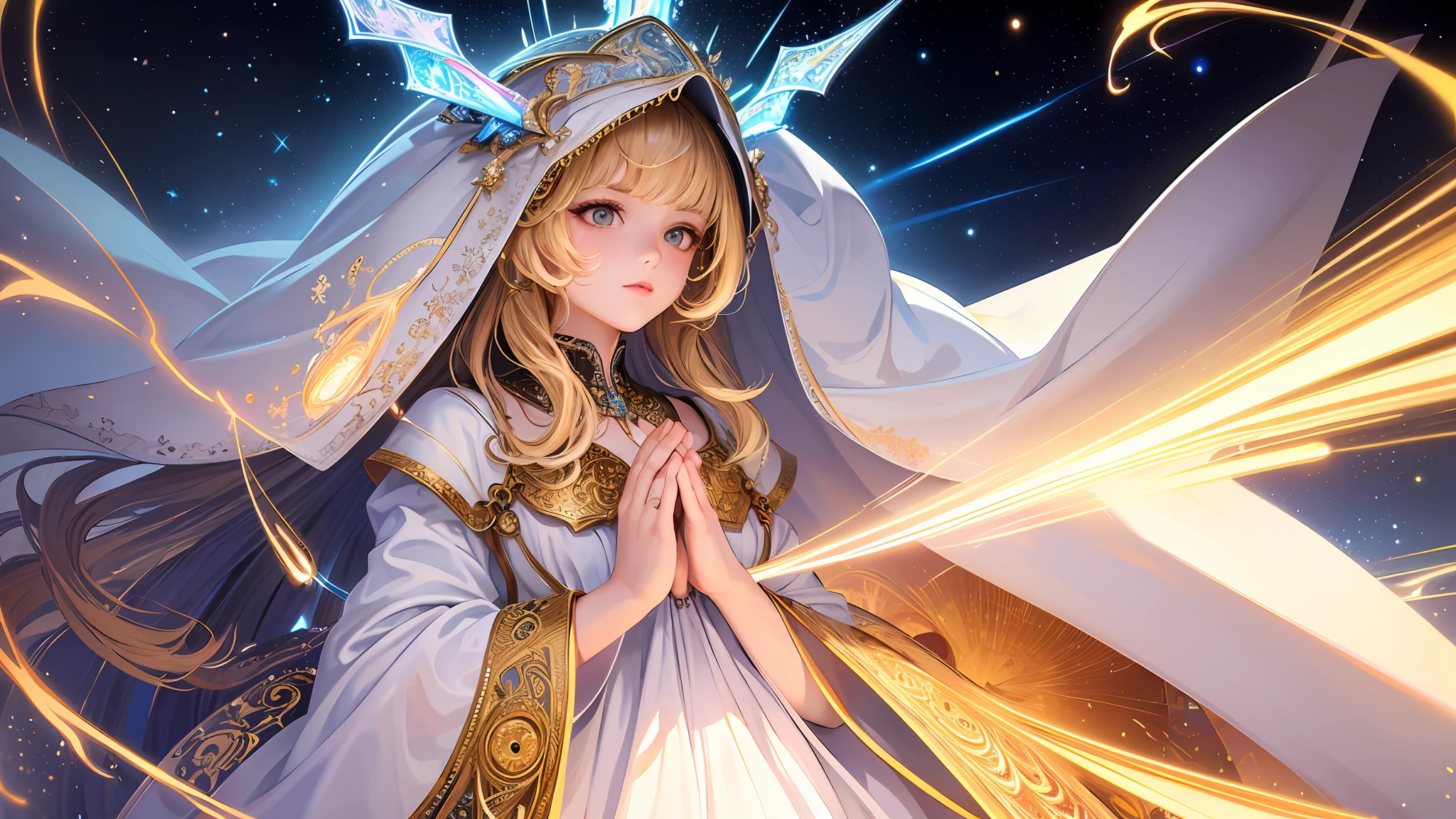 (masterpiece, top quality, best quality, official art, beautiful and aesthetic:1.2), (1girl), extreme detailed, (fractal art:1.3), colorful, highest detailed, perfect face, upper body, HDR, (praying:1.3), (white cloak golden lines:1.2), galaxy, (light streaks), striking visuals, (dynamic streaks, luminous trails:1.2), vibrant colors,