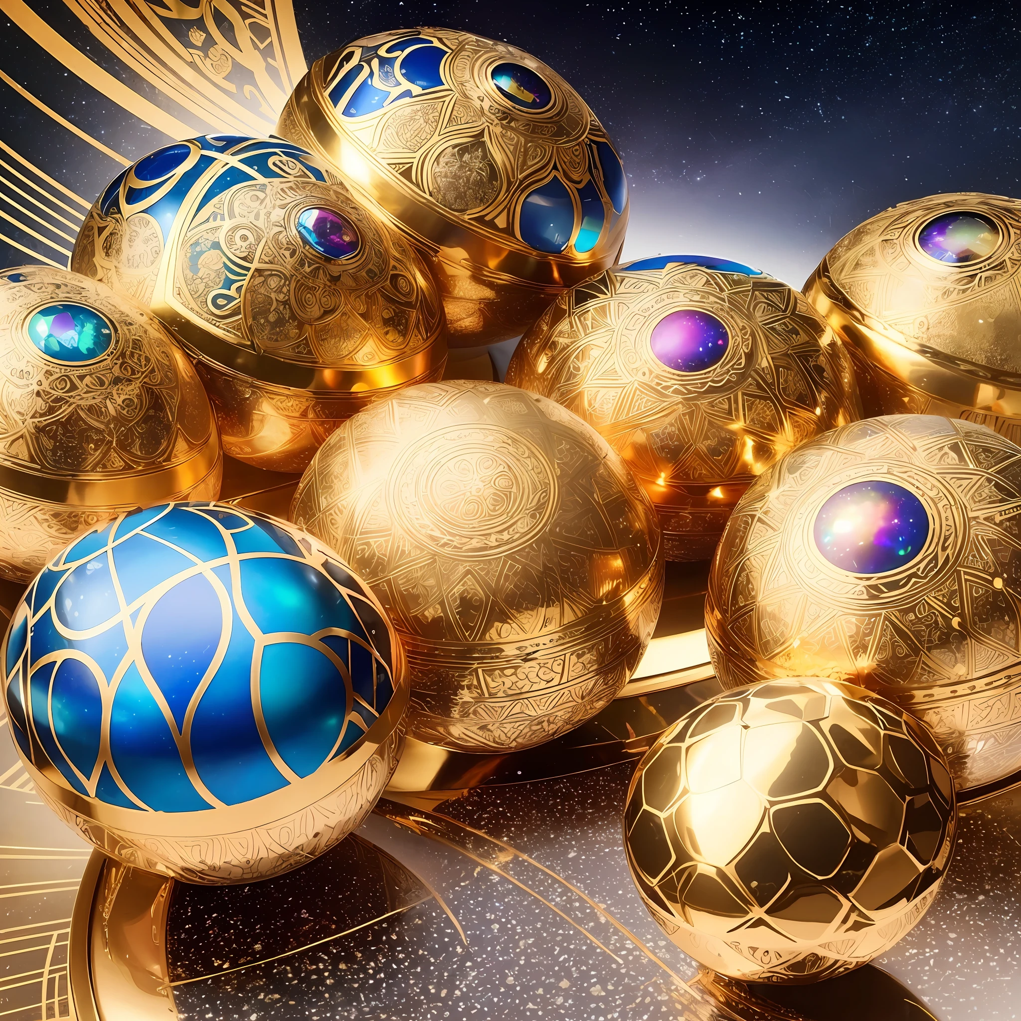 ultra high-detail。High dimensions。Extraterrestrial planets。Near the future。cosmic。Sacred geometric pattern。Realistic golden eggs。Shining iridescent aura。Glossy and intricate design。 --auto --s2