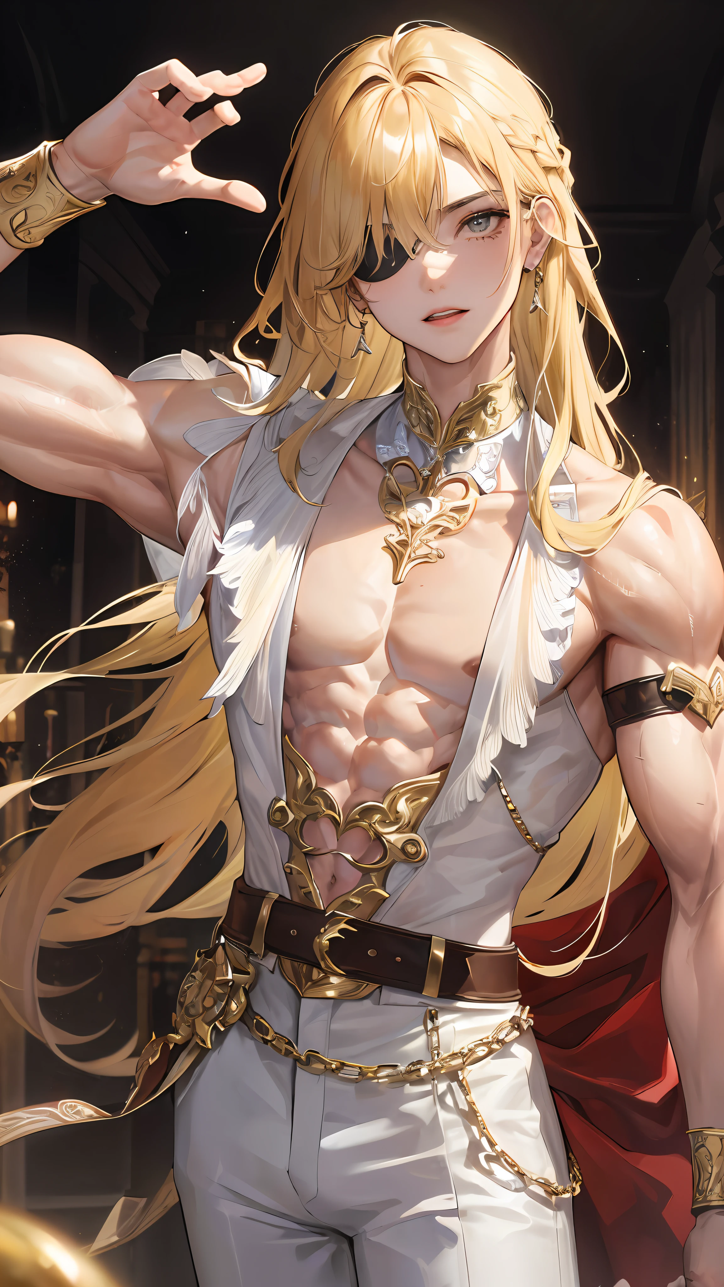 man, masculine, attractive, muscular, ((1man)), masterpiece, absurdres, best quality ,intricate details , (shiny skin, shiny body, shiny oily luster skin, shiny hair, pale skintone), old castle, Sundown, attractive, ((muscular)), adult, one eye patch, tattoo ,white blouse, earrings, brown pants, Don't look at the view , Not looking at the view, blonde very long hair, perfect detailed face, perfect detailed hands