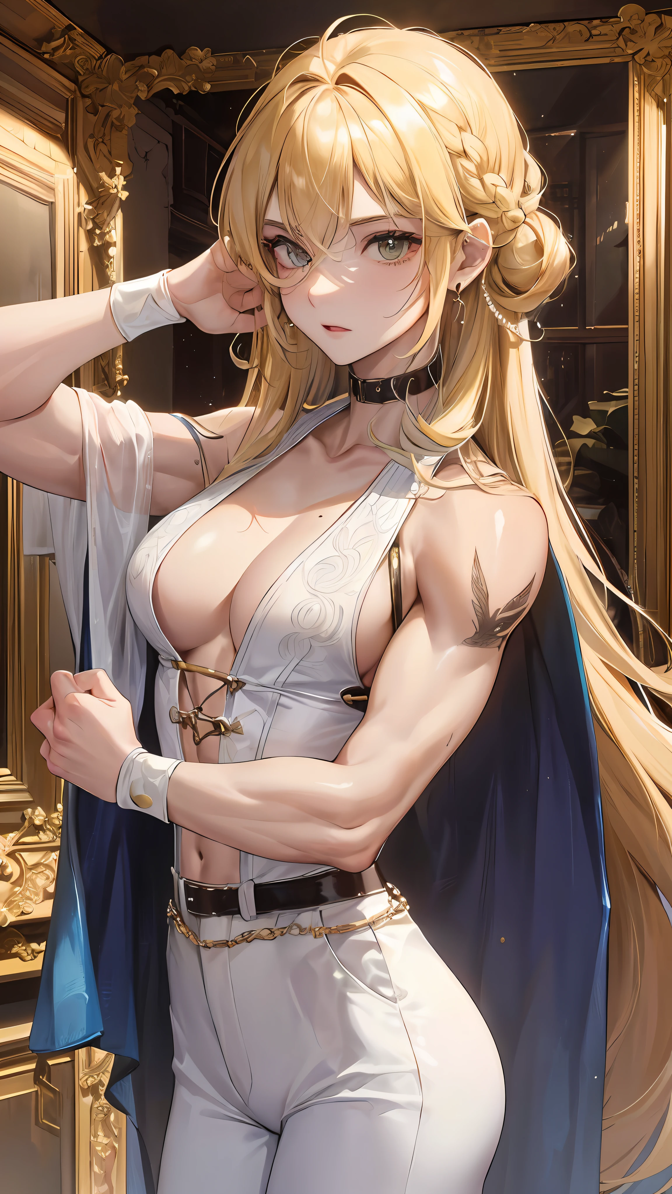 man, masculine, attractive, muscular, ((1man)), masterpiece, absurdres, best quality ,intricate details , (shiny skin, shiny body, shiny oily luster skin, shiny hair, pale skintone), old castle, Sundown, attractive, ((muscular)), adult, one eye patch, tattoo ,white blouse, earrings, brown pants, Don't look at the view , Not looking at the view, blonde very long hair, perfect detailed face, perfect detailed hands